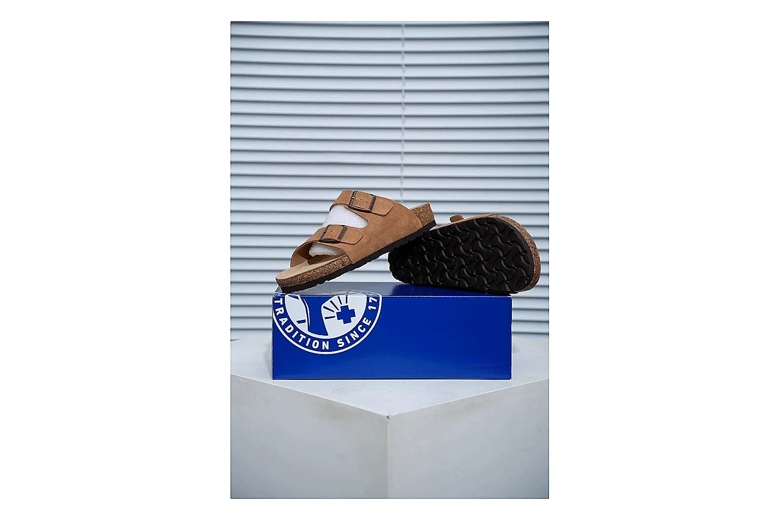 Birkenstock Arizona Tan Cork Slide QC photo showing warm brown upper, adjustable buckles and contoured footbed for easy casual outfits thumbnail 5