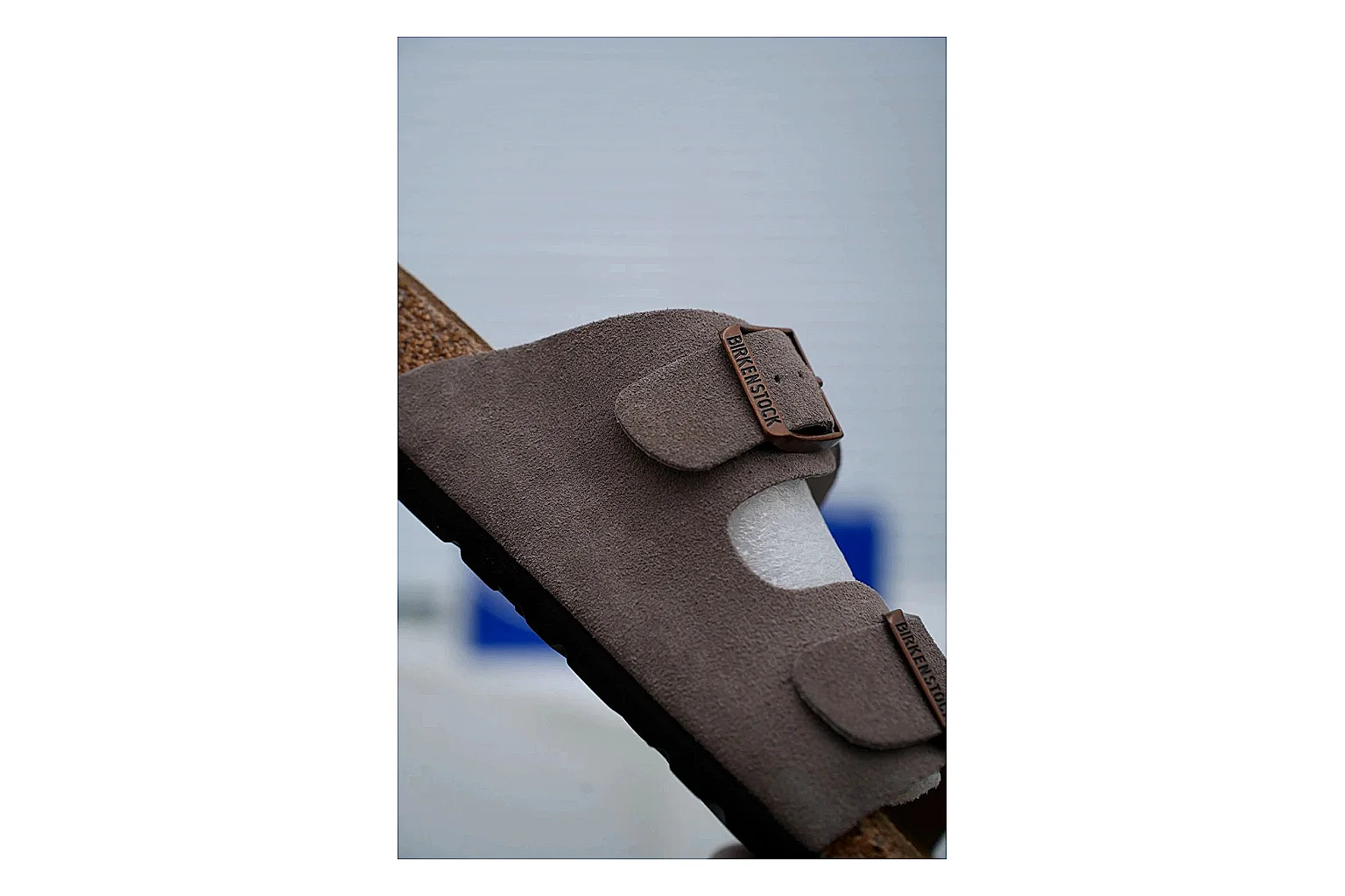 Birkenstock Arizona Taupe Cork Slide QC photo showing suede-look upper, adjustable buckles and contoured footbed for natural everyday styling thumbnail 2