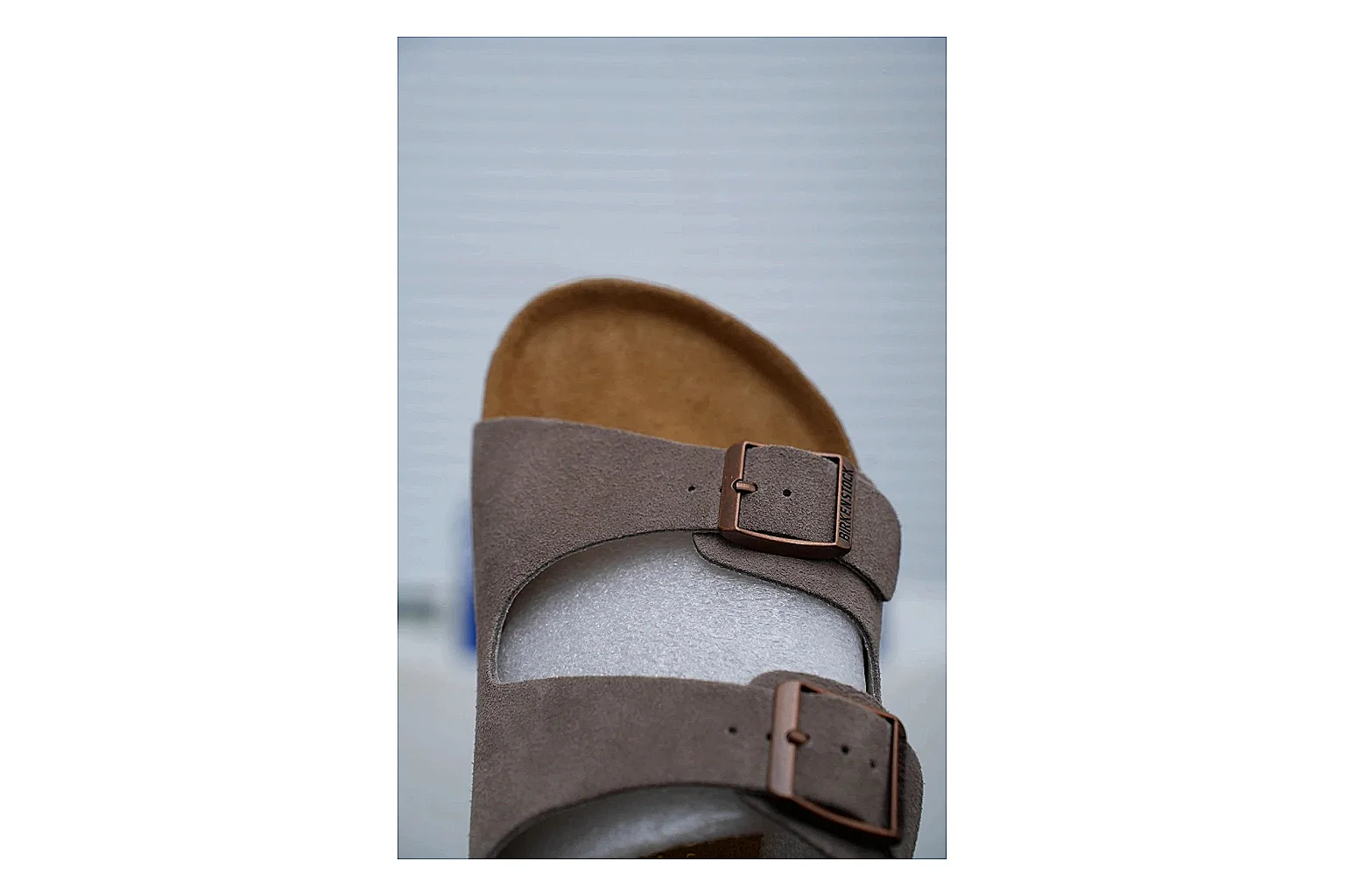 Birkenstock Arizona Taupe Cork Slide QC photo showing suede-look upper, adjustable buckles and contoured footbed for natural everyday styling thumbnail 4