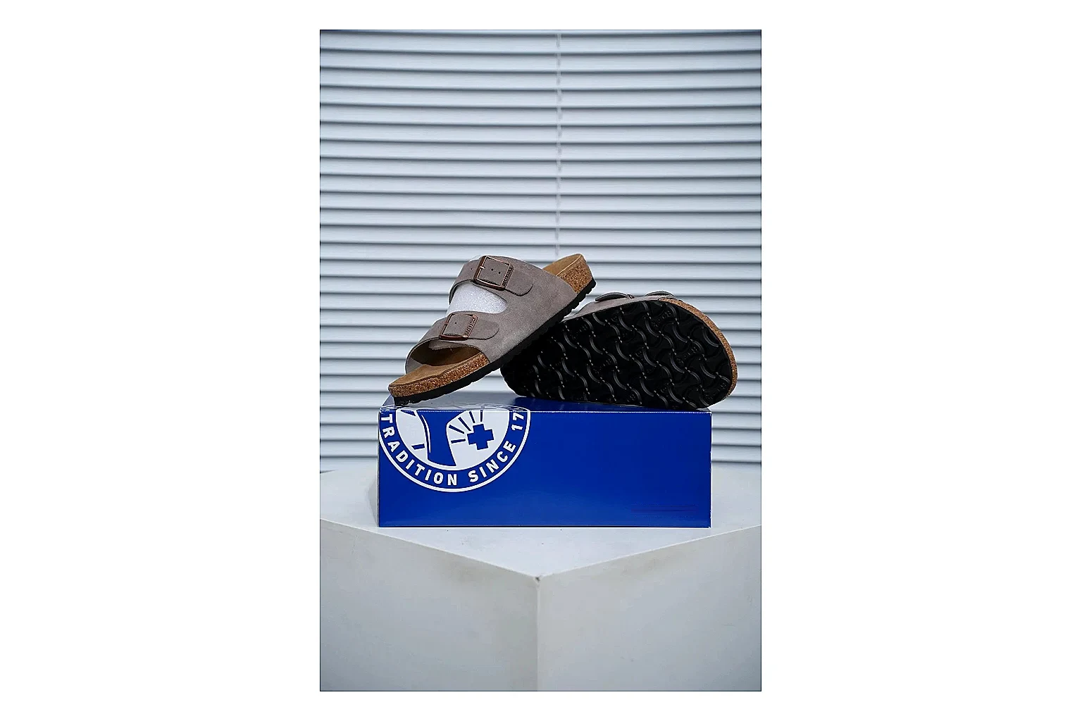 Birkenstock Arizona Taupe Cork Slide QC photo showing suede-look upper, adjustable buckles and contoured footbed for natural everyday styling thumbnail 5