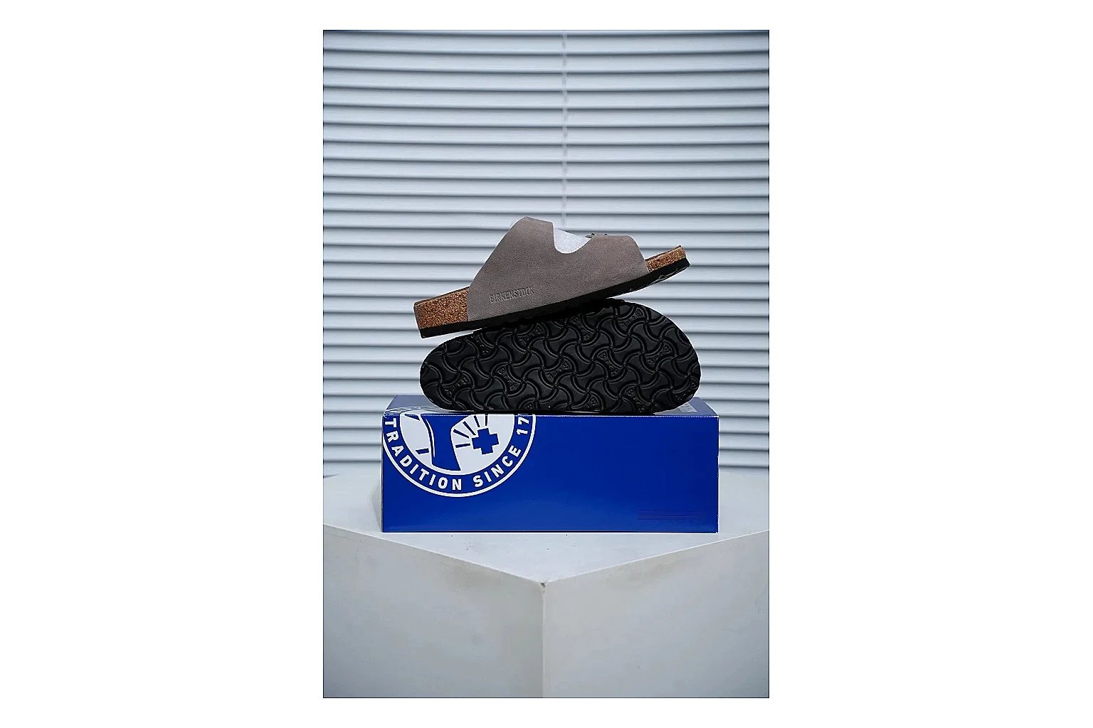 Birkenstock Arizona Taupe Cork Slide QC photo showing suede-look upper, adjustable buckles and contoured footbed for natural everyday styling thumbnail 6