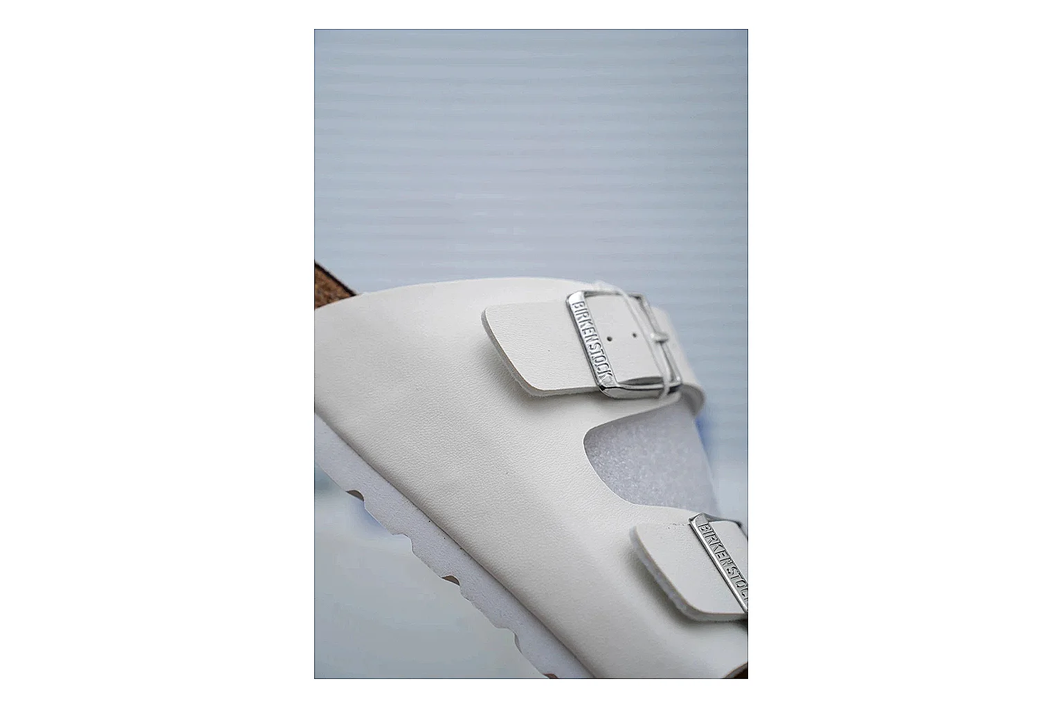 Birkenstock Arizona White Cork Slide QC photo showing adjustable buckles, contoured footbed and black outsole for clean summer casual styling