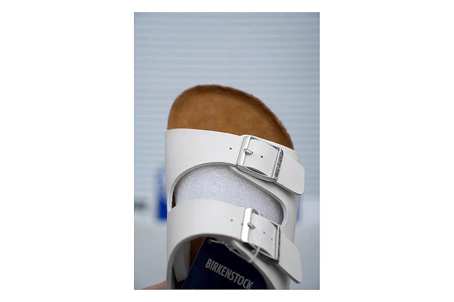 Birkenstock Arizona White Cork Slide QC photo showing adjustable buckles, contoured footbed and black outsole for clean summer casual styling thumbnail 4