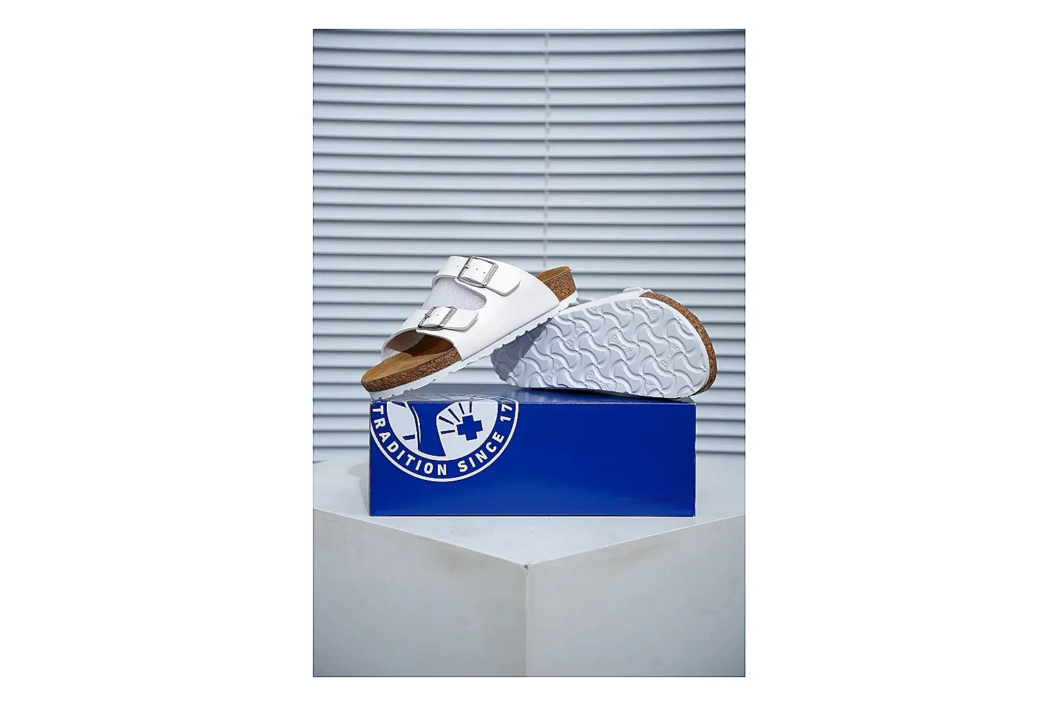 Birkenstock Arizona White Cork Slide QC photo showing adjustable buckles, contoured footbed and black outsole for clean summer casual styling thumbnail 5