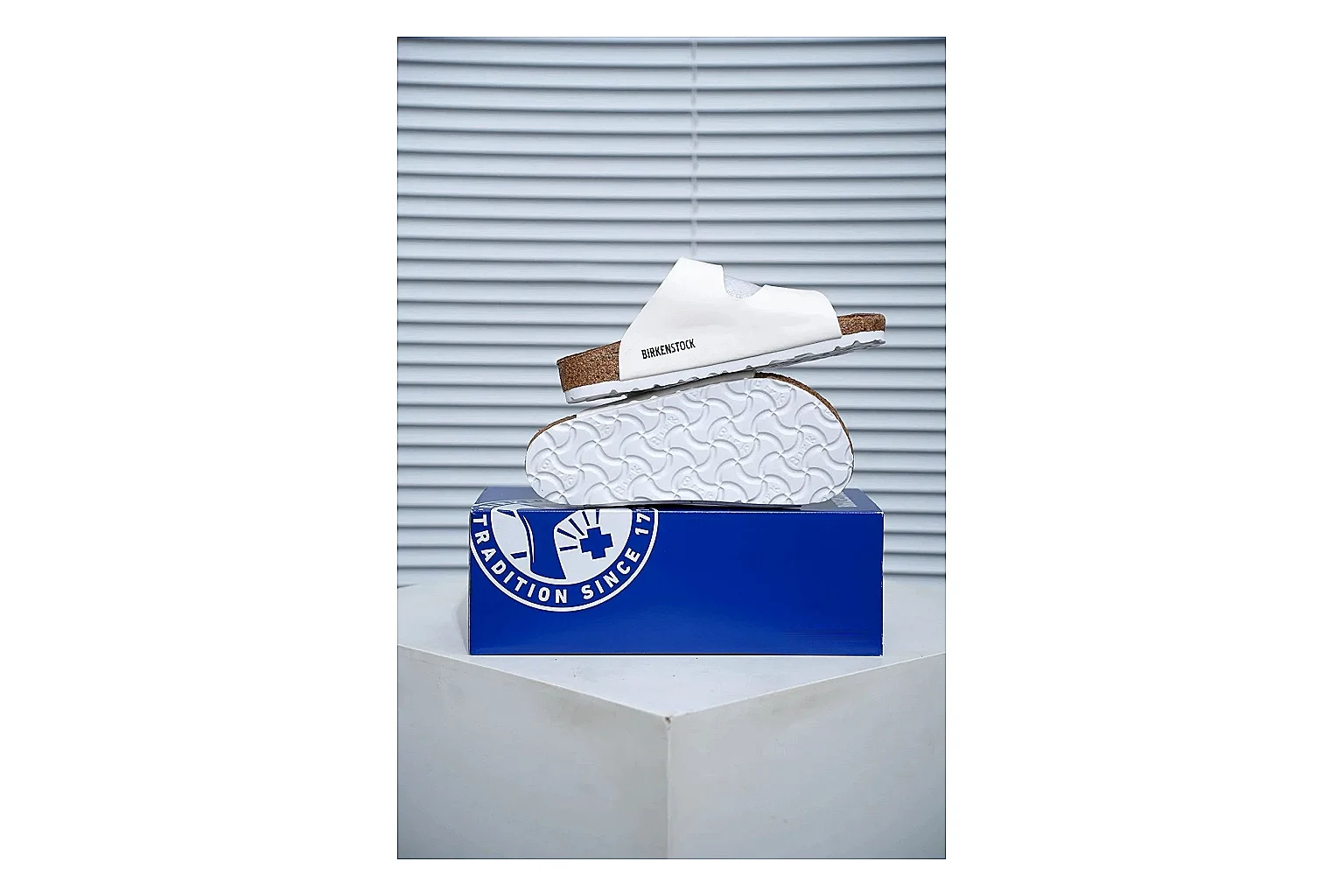 Birkenstock Arizona White Cork Slide QC photo showing adjustable buckles, contoured footbed and black outsole for clean summer casual styling thumbnail 6