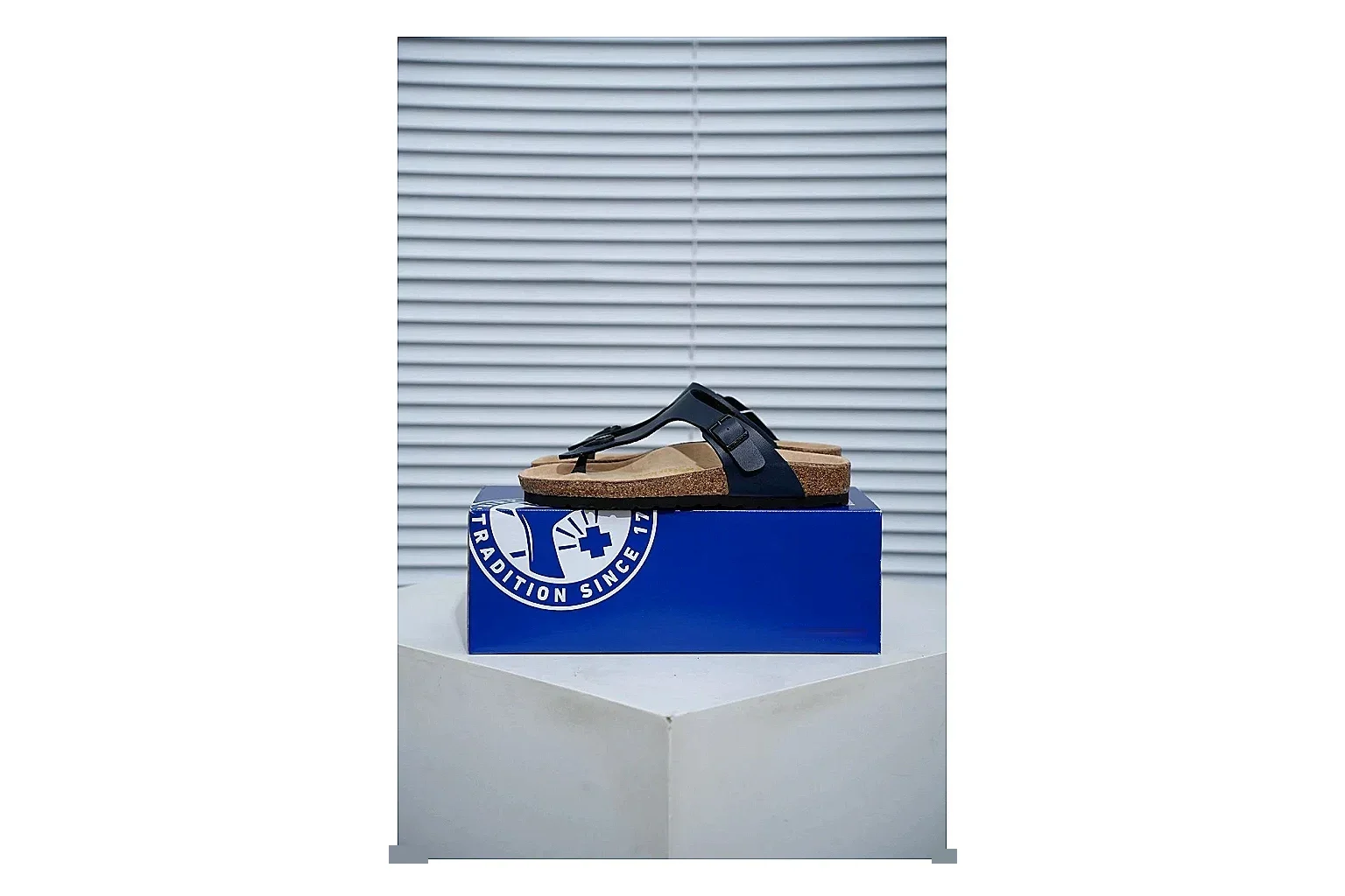 Birkenstock Black Toe Loop Cork Sandal QC photo showing slim straps, adjustable buckle and contoured footbed for light summer wear