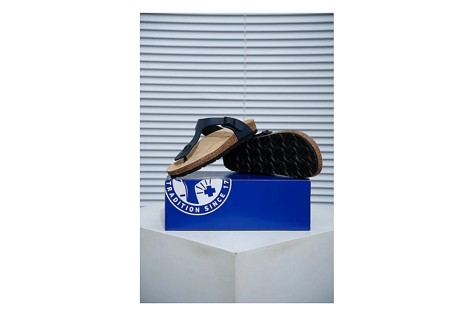 Birkenstock Black Toe Loop Cork Sandal QC photo showing slim straps, adjustable buckle and contoured footbed for light summer wear thumbnail 5