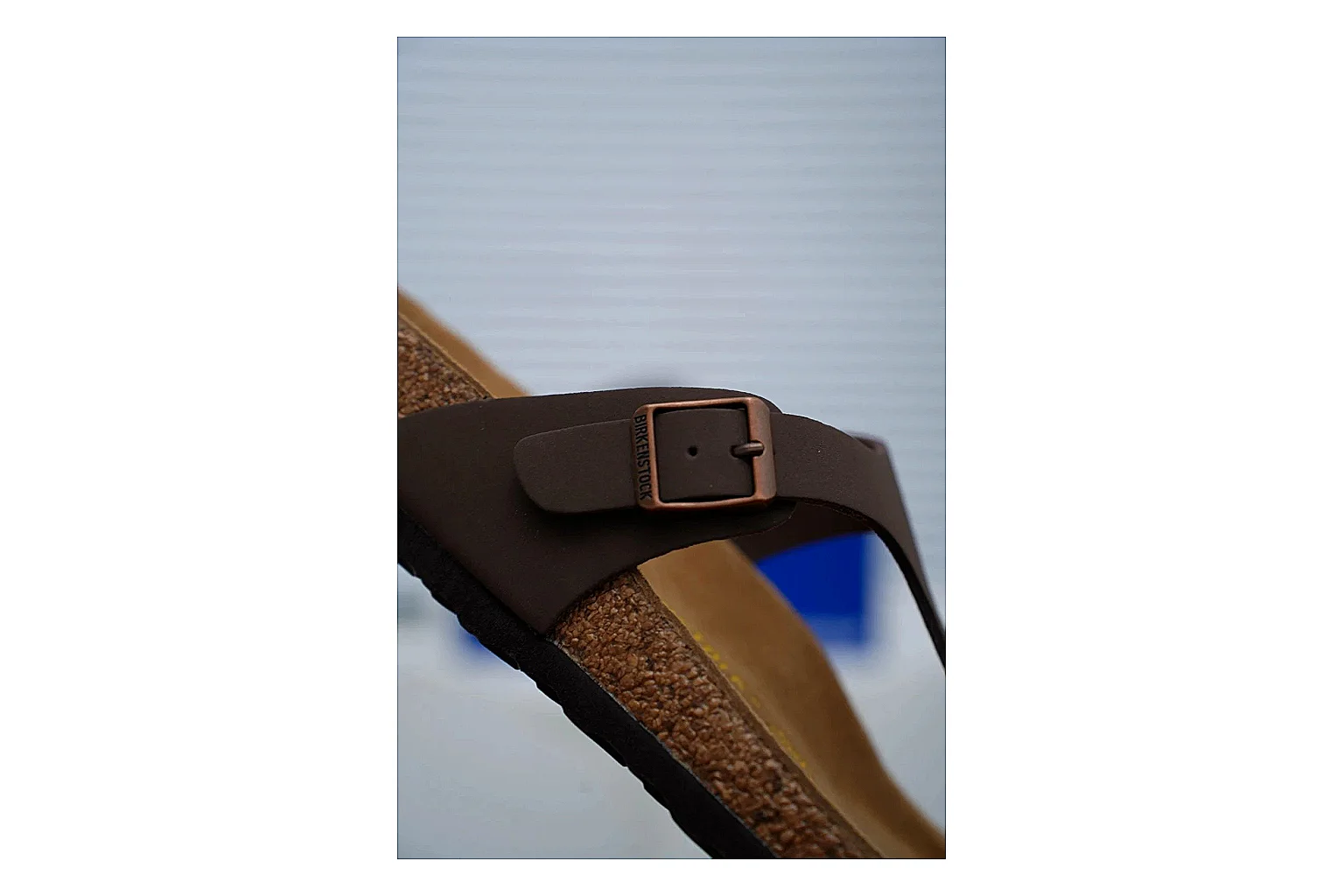 Birkenstock Brown Buckle Cork Slide QC photo showing wide strap, large metal buckle and contoured footbed for classic relaxed styling
