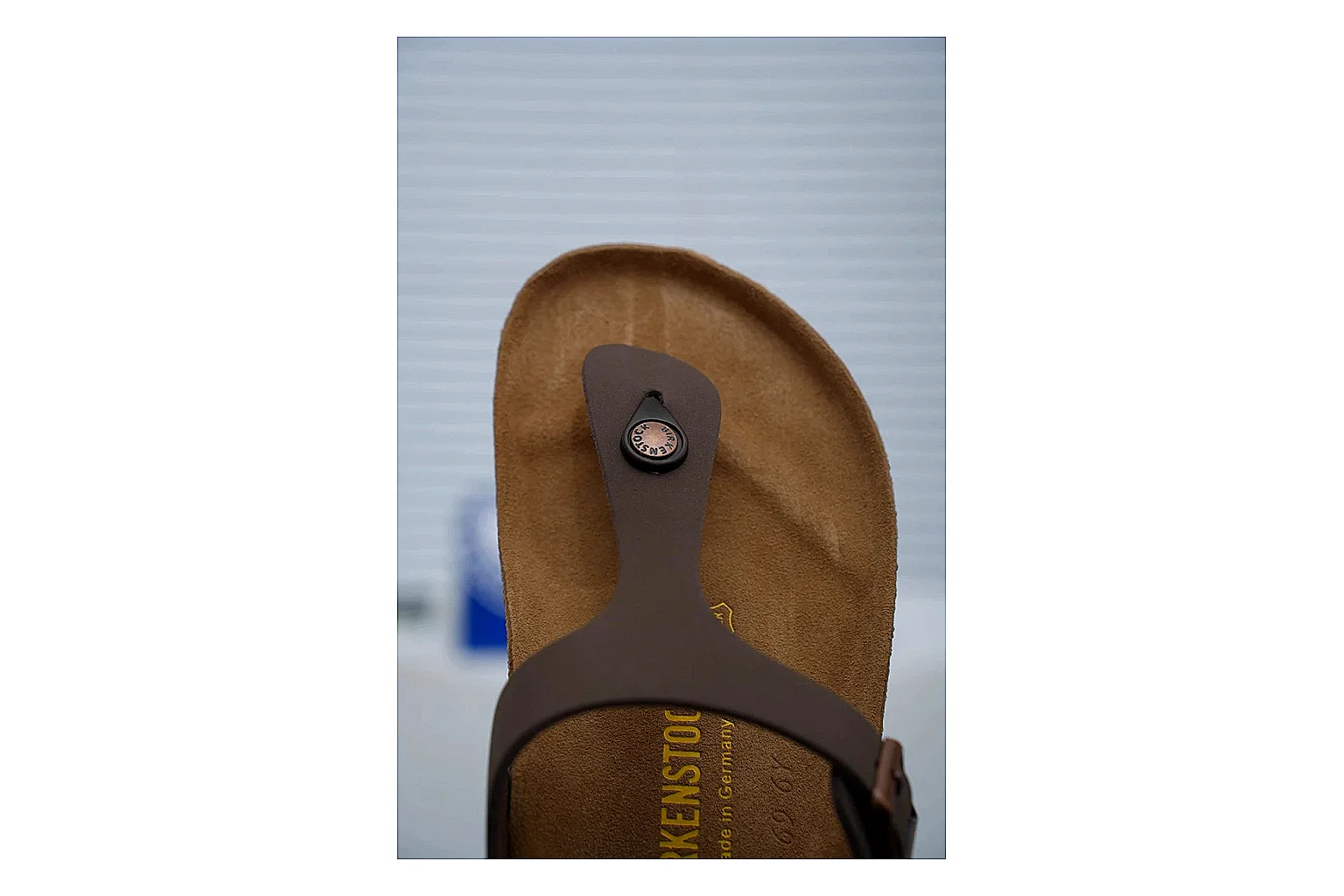 Birkenstock Brown Buckle Cork Slide QC photo showing wide strap, large metal buckle and contoured footbed for classic relaxed styling thumbnail 4