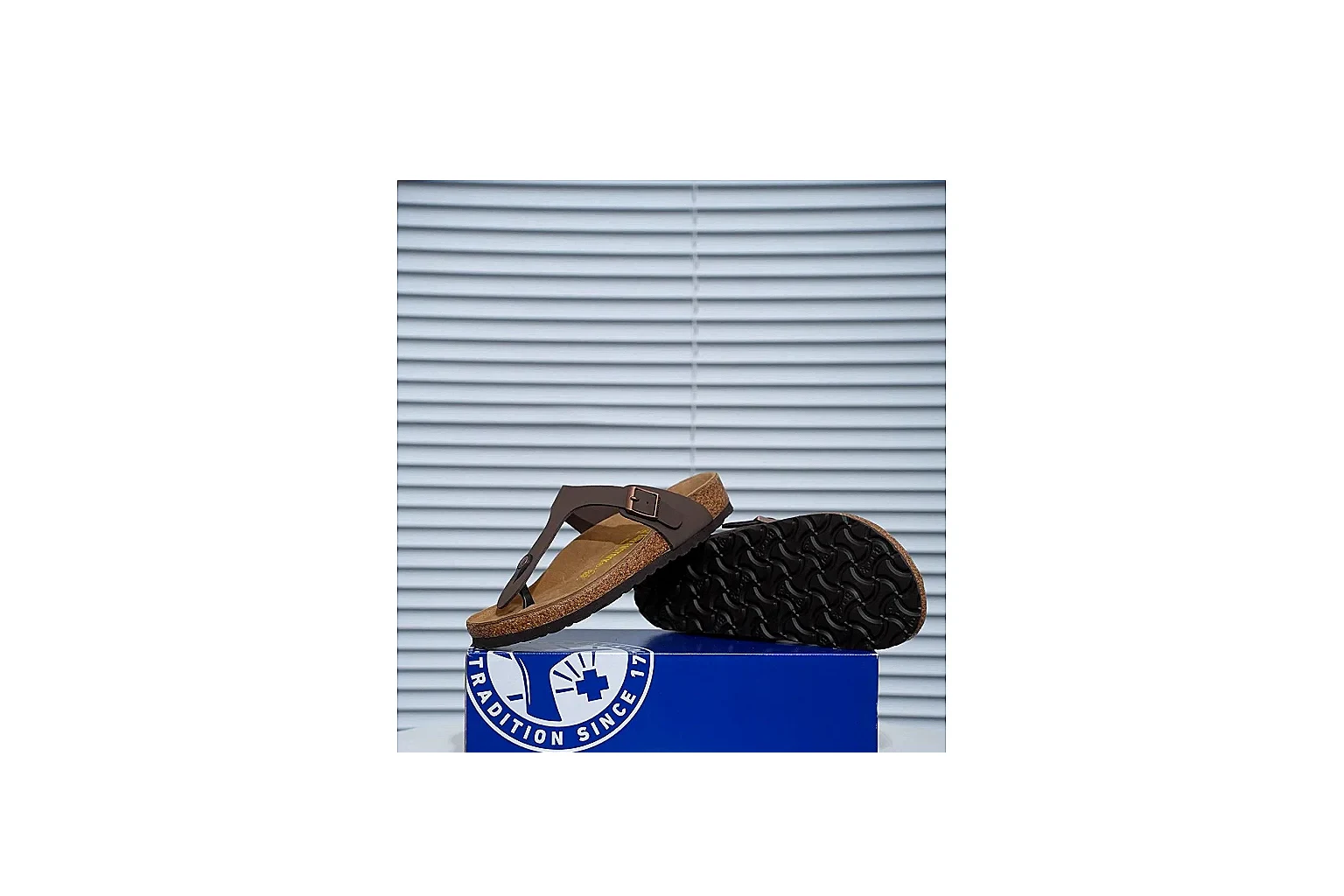 Birkenstock Brown Buckle Cork Slide QC photo showing wide strap, large metal buckle and contoured footbed for classic relaxed styling thumbnail 5
