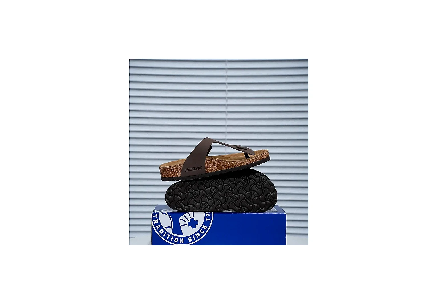 Birkenstock Brown Buckle Cork Slide QC photo showing wide strap, large metal buckle and contoured footbed for classic relaxed styling thumbnail 6