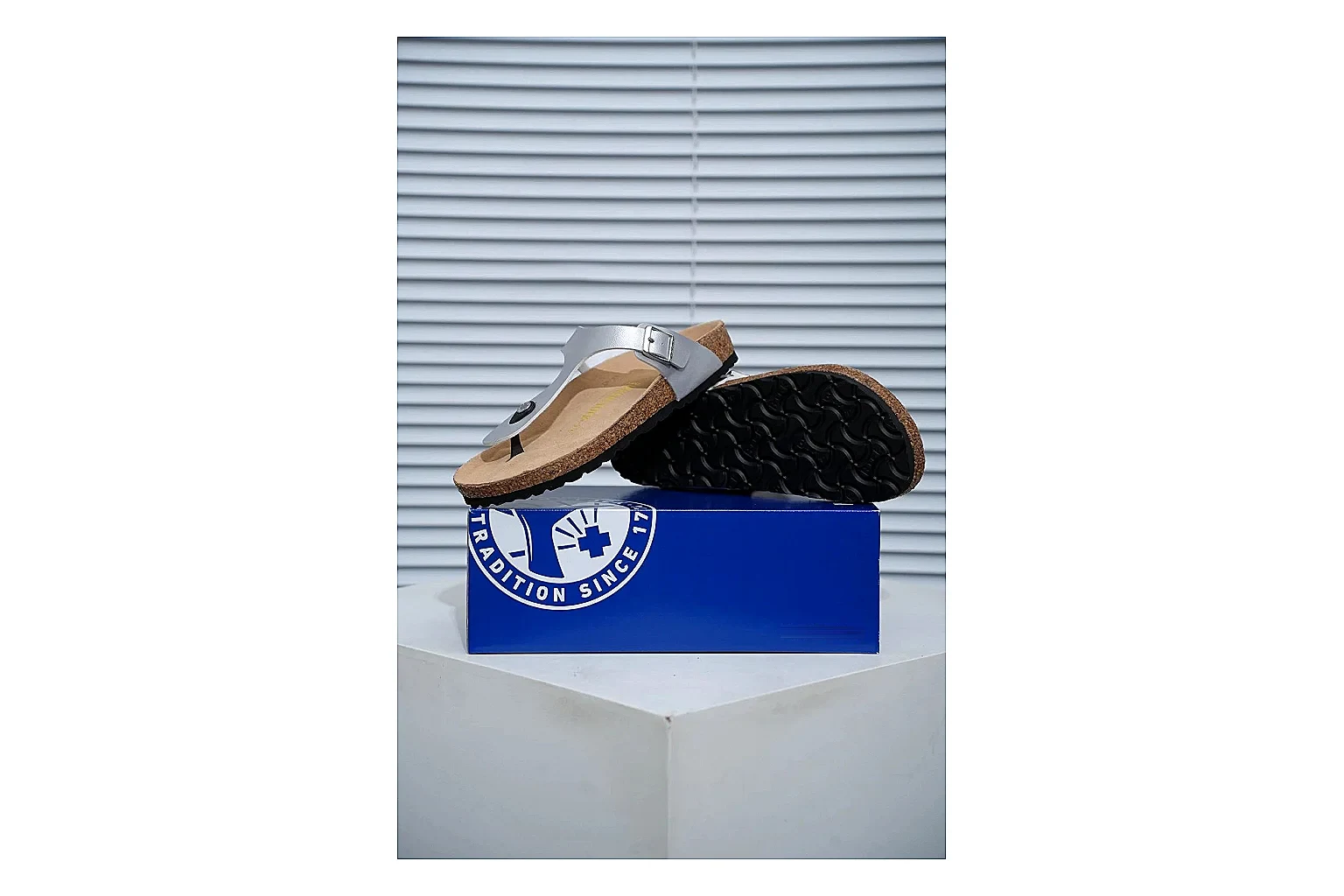 Birkenstock Cream Buckle Cork Slide QC photo showing wide strap, large metal buckle and contoured footbed for simple summer comfort thumbnail 5