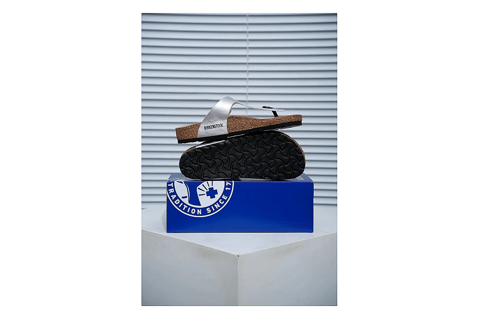 Birkenstock Cream Buckle Cork Slide QC photo showing wide strap, large metal buckle and contoured footbed for simple summer comfort thumbnail 6