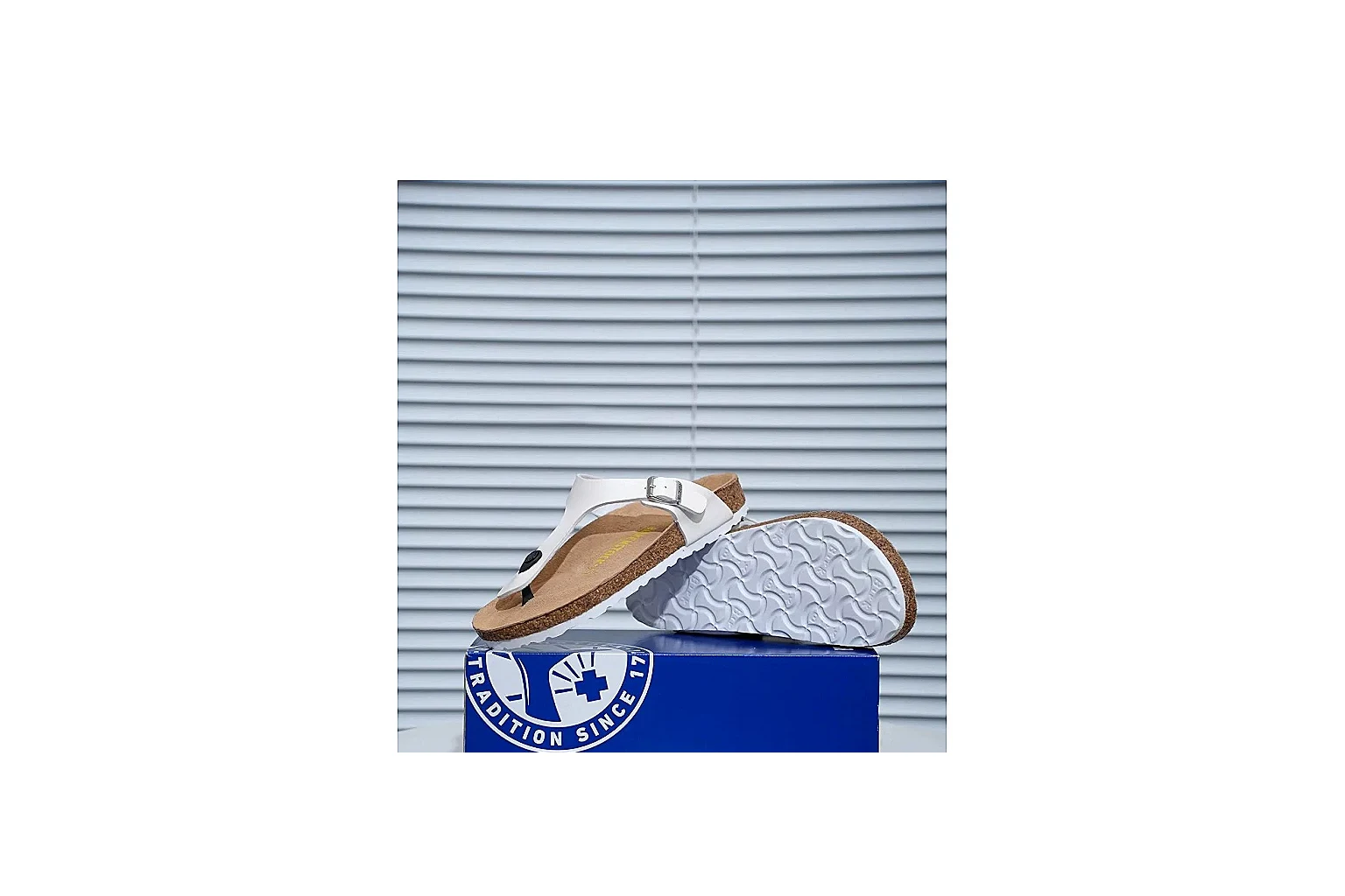 Birkenstock Gizeh White Cork Sandal QC photo showing slim straps, adjustable buckle and contoured footbed for fresh summer casual style thumbnail 5