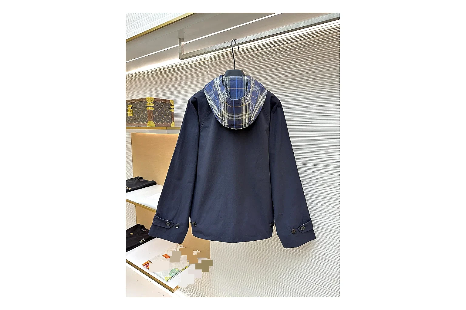 Burberry Reversible Hooded Jacket Navy Check Jacket QC photo reference showing navy reversible hooded check jacket with nylon-cotton texture, hood structure, zipper line, sleeve cuffs, and light shell shape