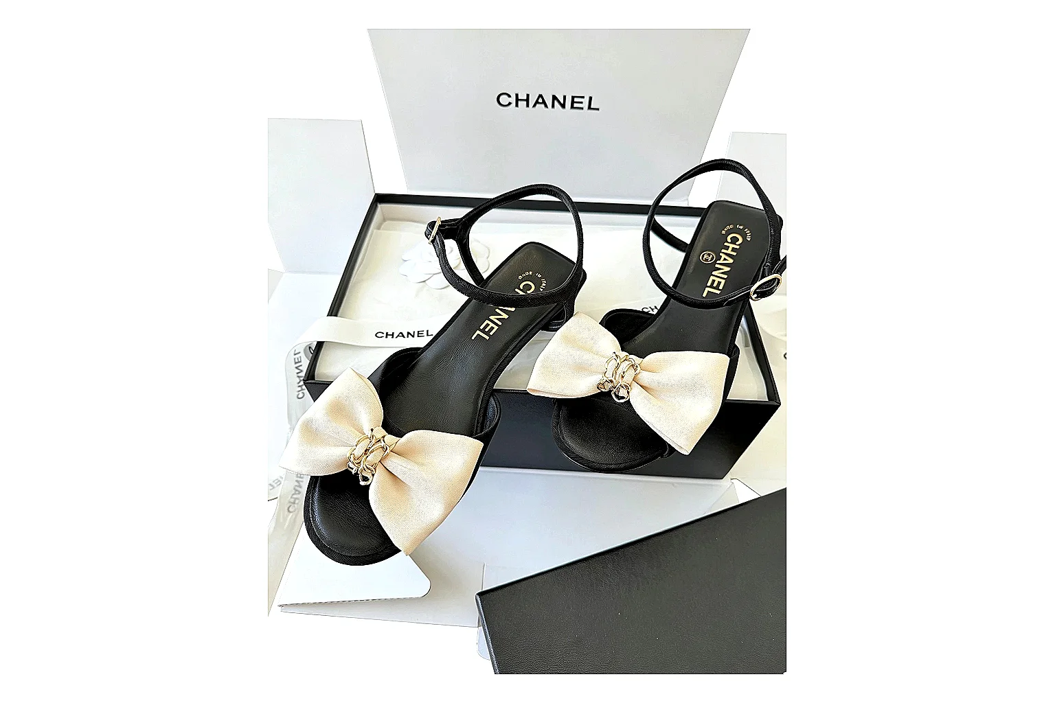 kakoqclab.com Chanel Bow Sandal Black Cream QC photo checklist six-photo gallery