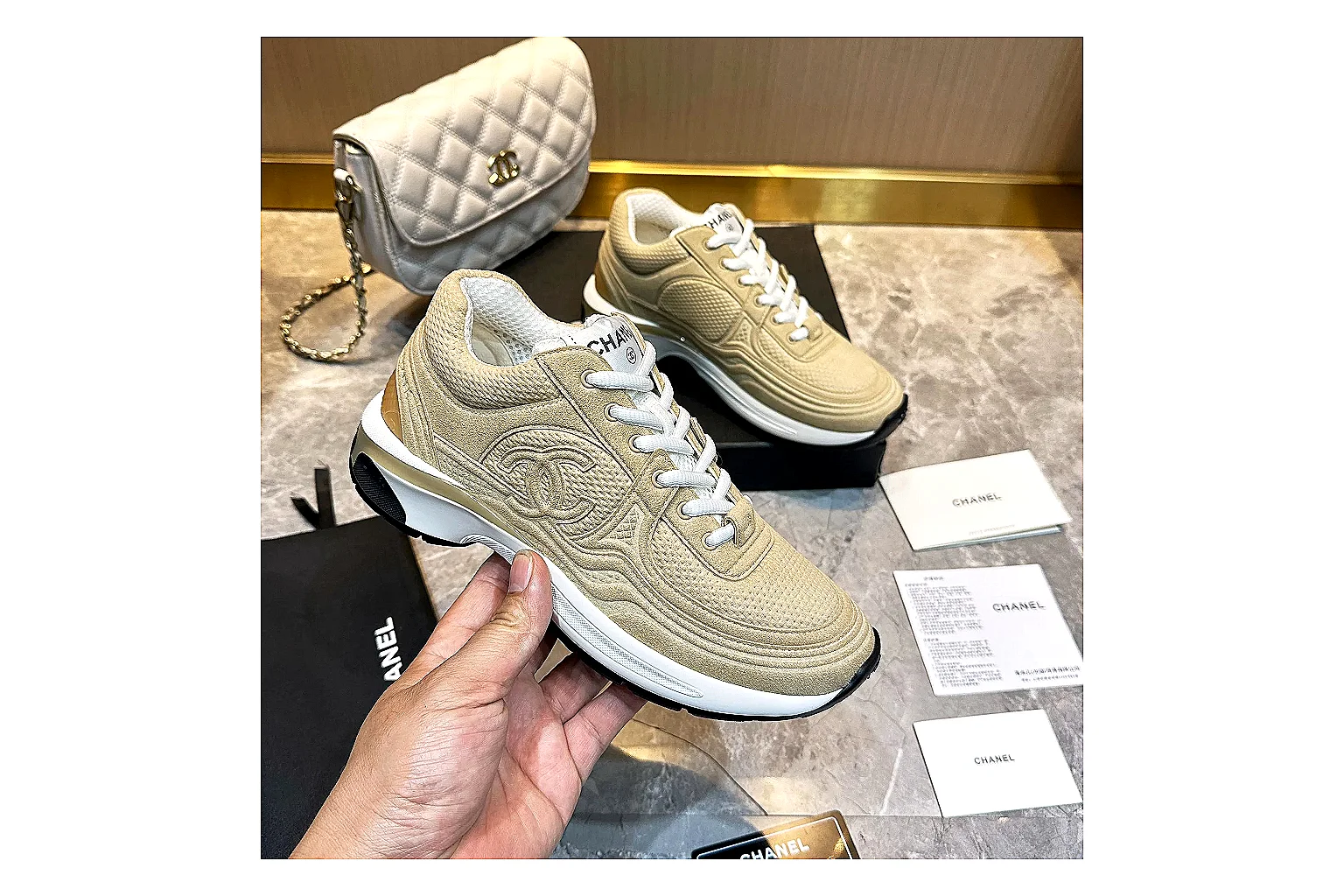 Chanel Logo Runner Cream Black 2331 QC side top heel outsole images