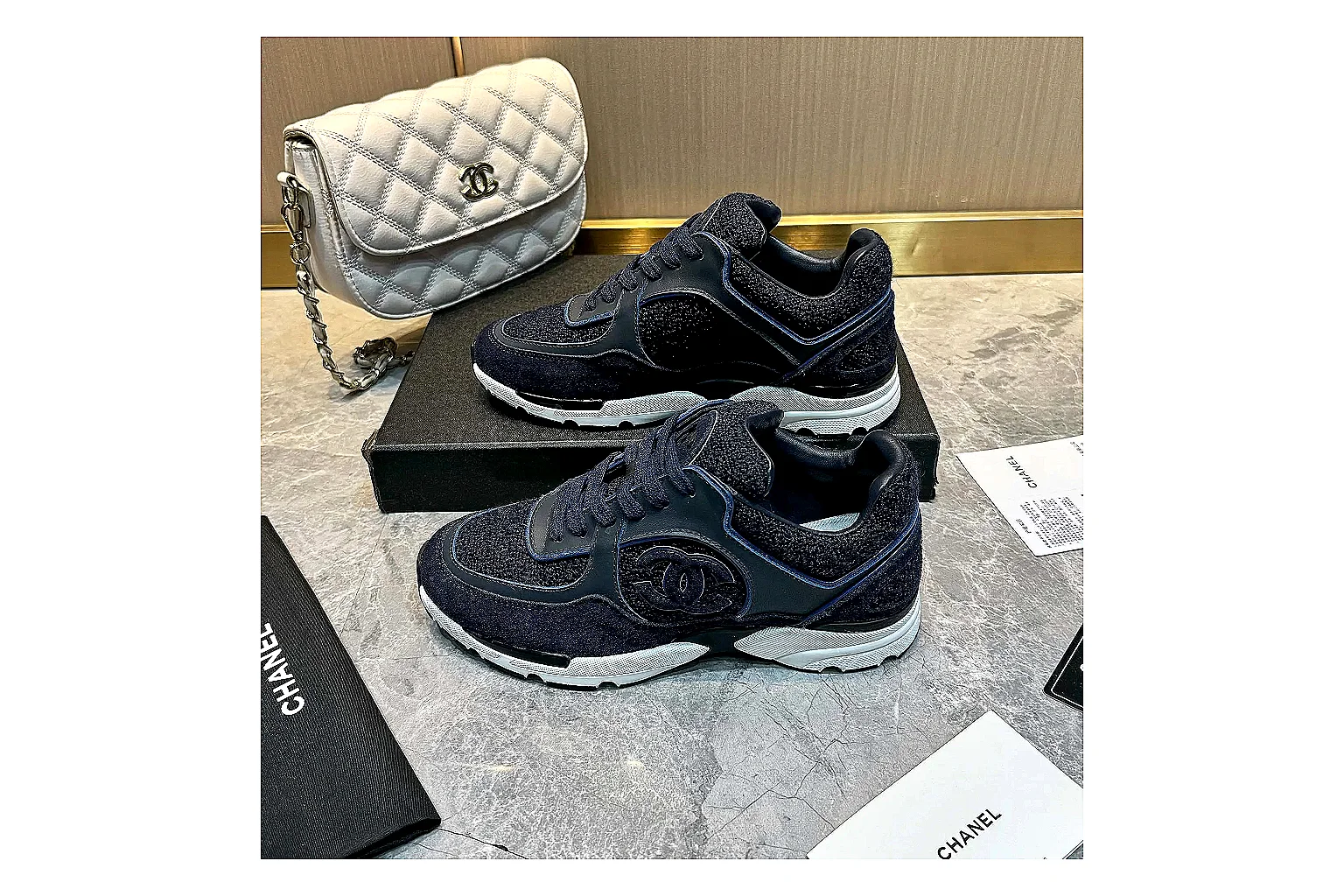 Chanel Logo Runner Navy White 3663 QC side top heel outsole images