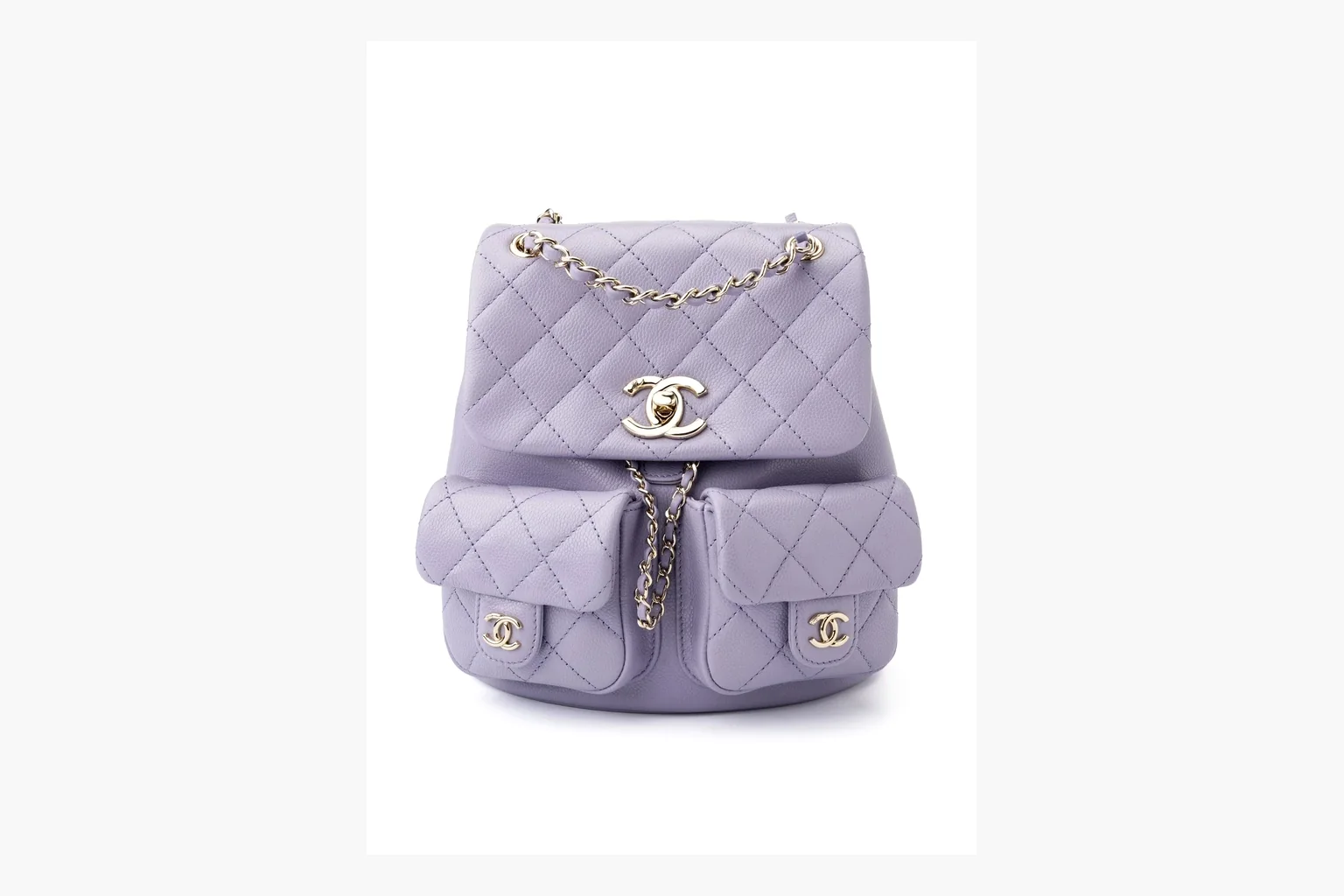 Chanel Lavender Quilted Backpack QC reference photo showing lavender quilted leather backpack body, gold hardware, chain shoulder straps, rounded base, and compact flap structure