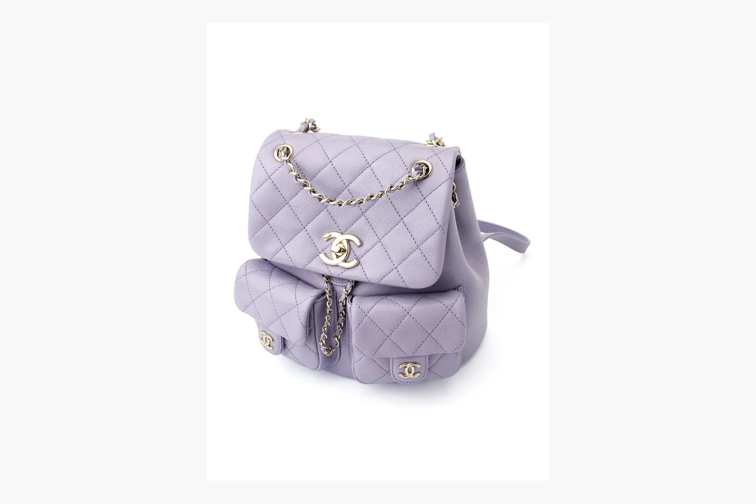 Chanel Lavender Quilted Backpack QC reference photo showing lavender quilted leather backpack body, gold hardware, chain shoulder straps, rounded base, and compact flap structure