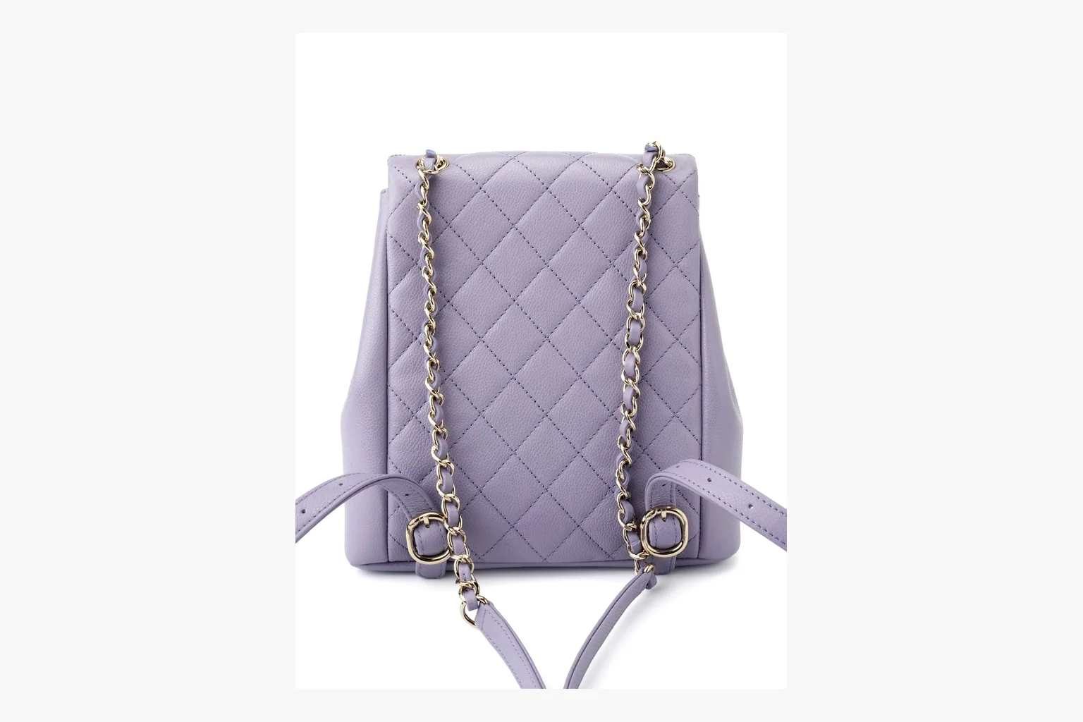 Chanel Lavender Quilted Backpack QC reference photo showing lavender quilted leather backpack body, gold hardware, chain shoulder straps, rounded base, and compact flap structure thumbnail 3