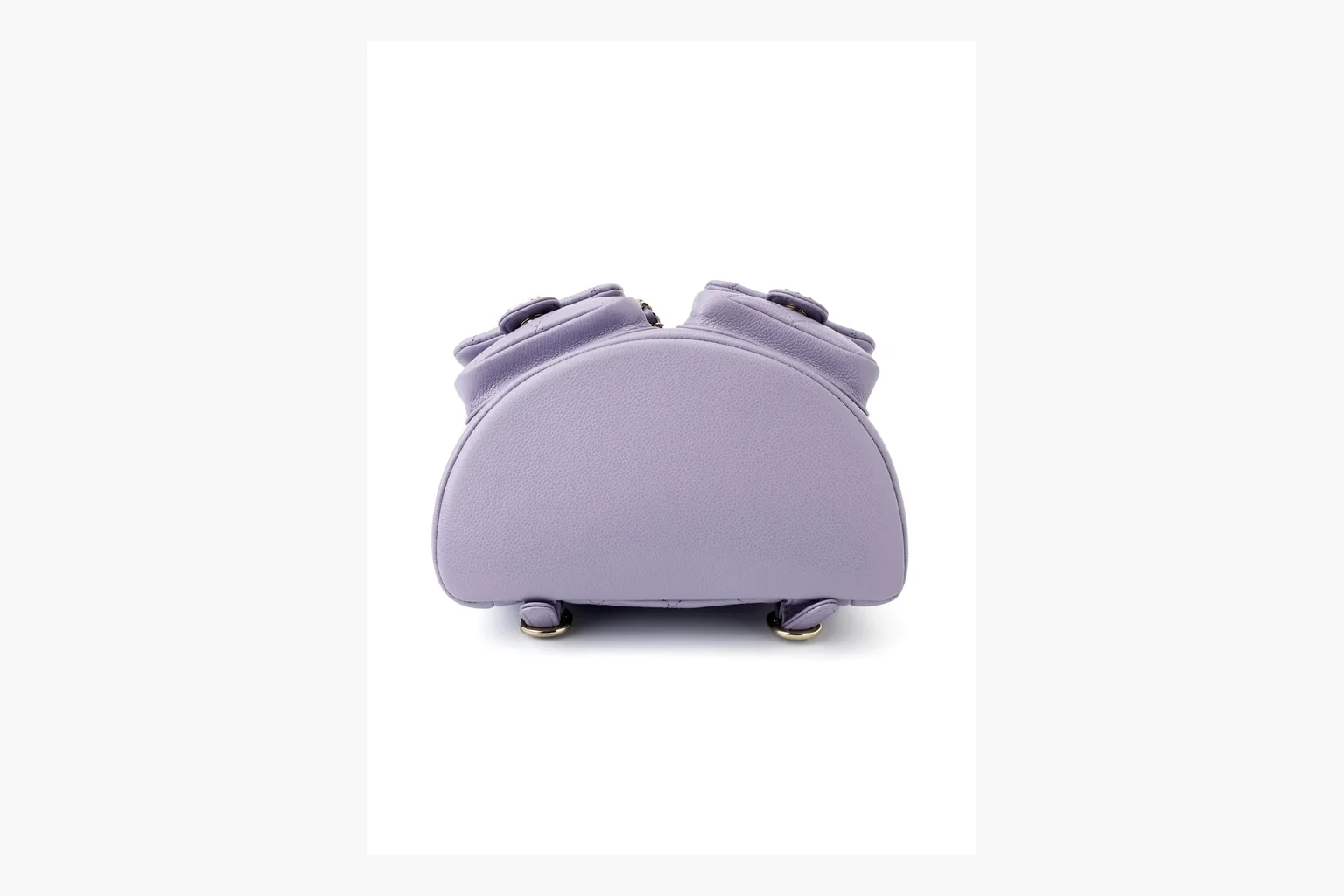 Chanel Lavender Quilted Backpack QC reference photo showing lavender quilted leather backpack body, gold hardware, chain shoulder straps, rounded base, and compact flap structure thumbnail 4