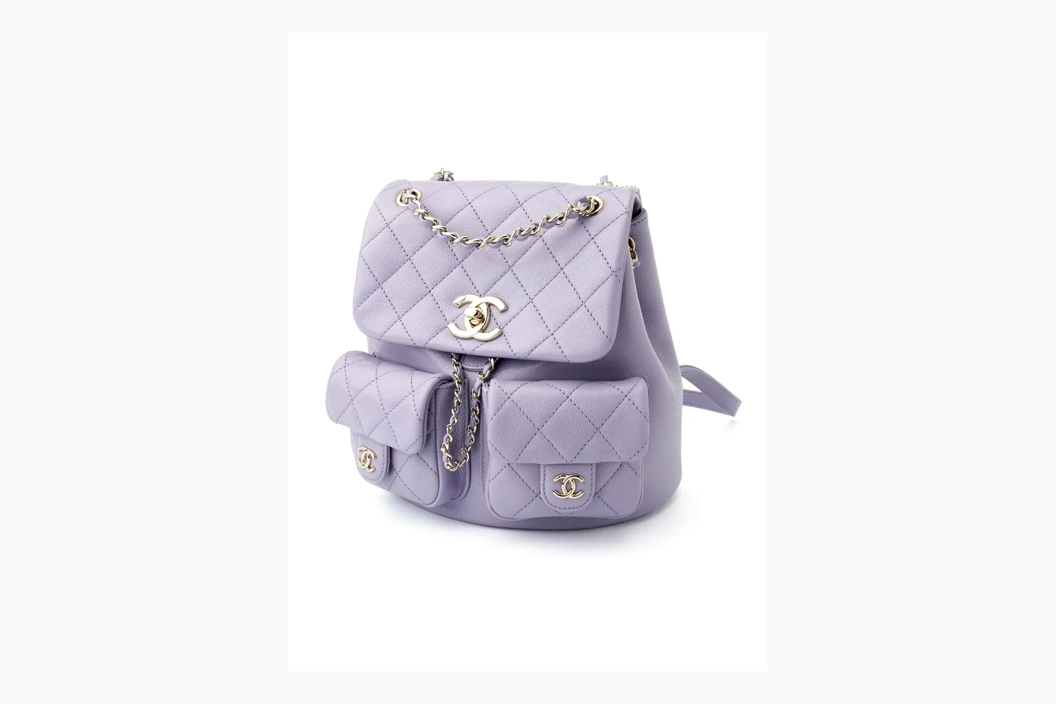 Chanel Lavender Quilted Backpack QC reference photo showing lavender quilted leather backpack body, gold hardware, chain shoulder straps, rounded base, and compact flap structure thumbnail 5