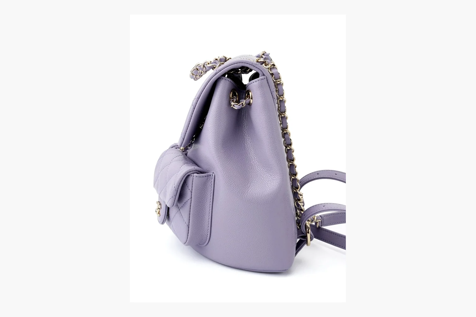 Chanel Lavender Quilted Backpack QC reference photo showing lavender quilted leather backpack body, gold hardware, chain shoulder straps, rounded base, and compact flap structure thumbnail 6