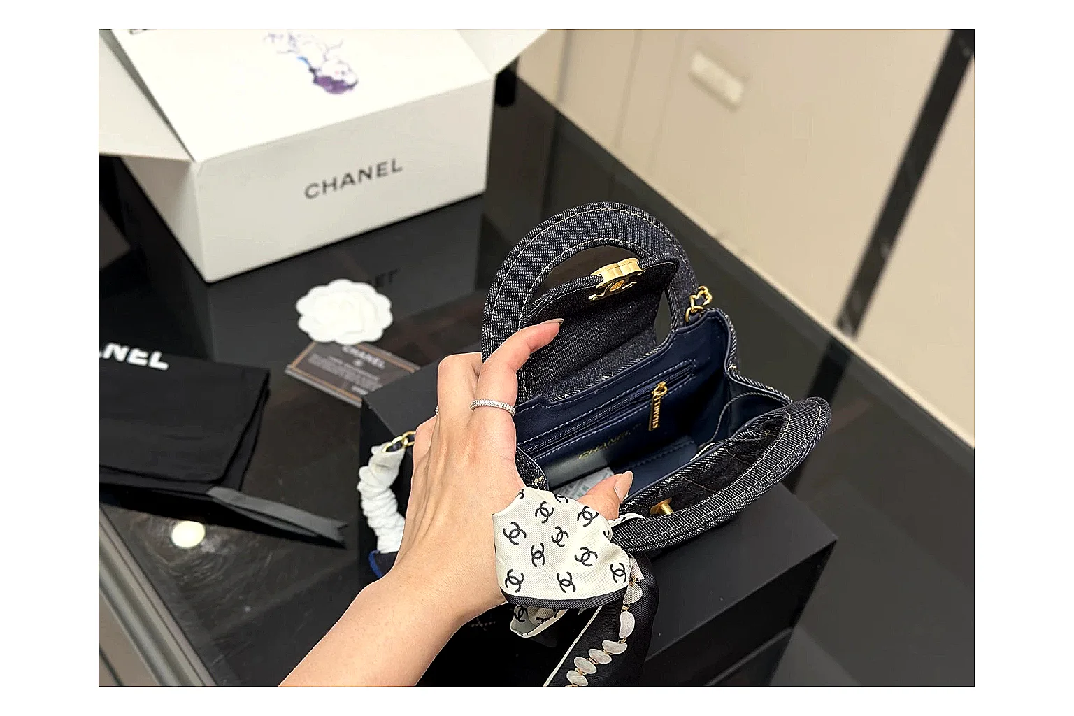 Chanel Quilted Chain Bag Black QC reference photo showing black quilted leather body, chain strap, flap profile, and polished luxury hardware thumbnail 3