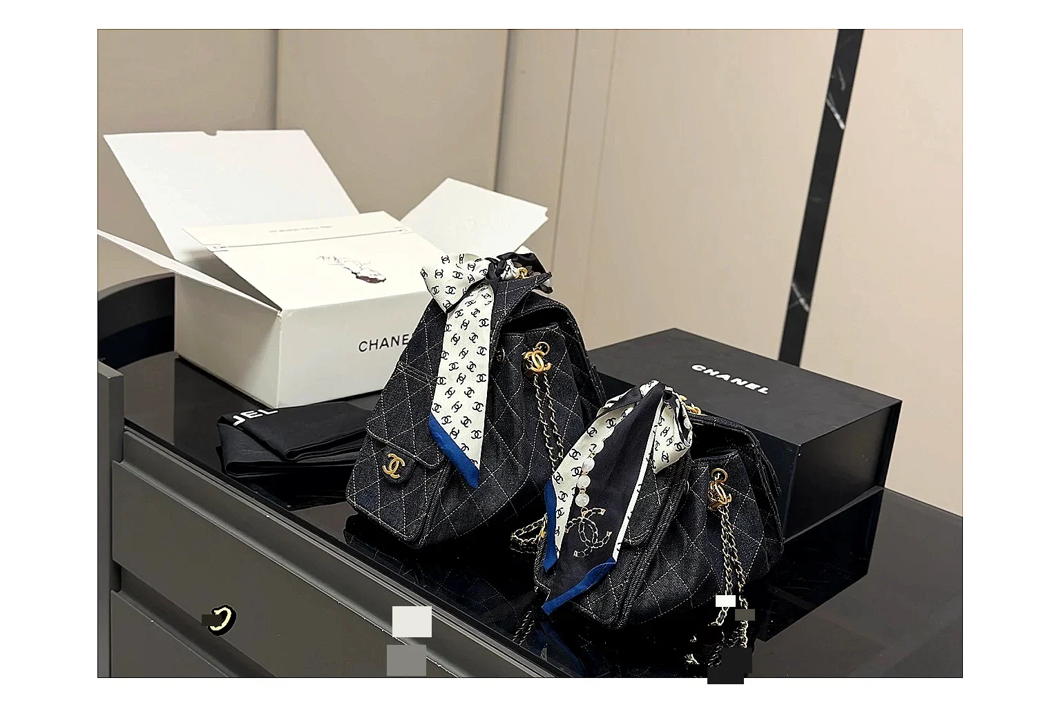 Chanel Quilted Chain Bag Black Blue QC reference photo showing black blue quilted leather body, chain shoulder strap, flap structure, and polished luxury-bag hardware