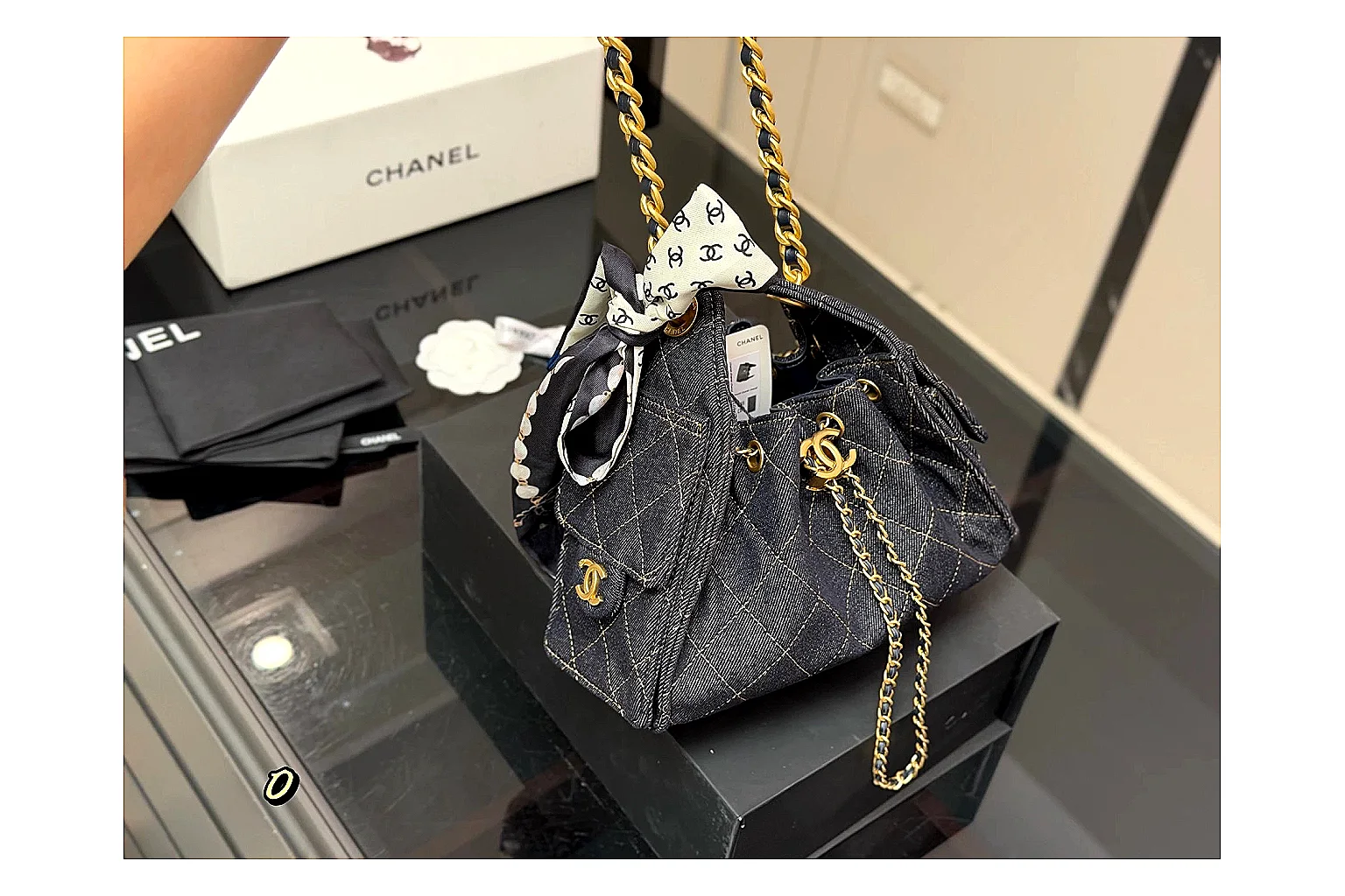 Chanel Quilted Chain Bag Black Blue QC reference photo showing black blue quilted leather body, chain shoulder strap, flap structure, and polished luxury-bag hardware thumbnail 2