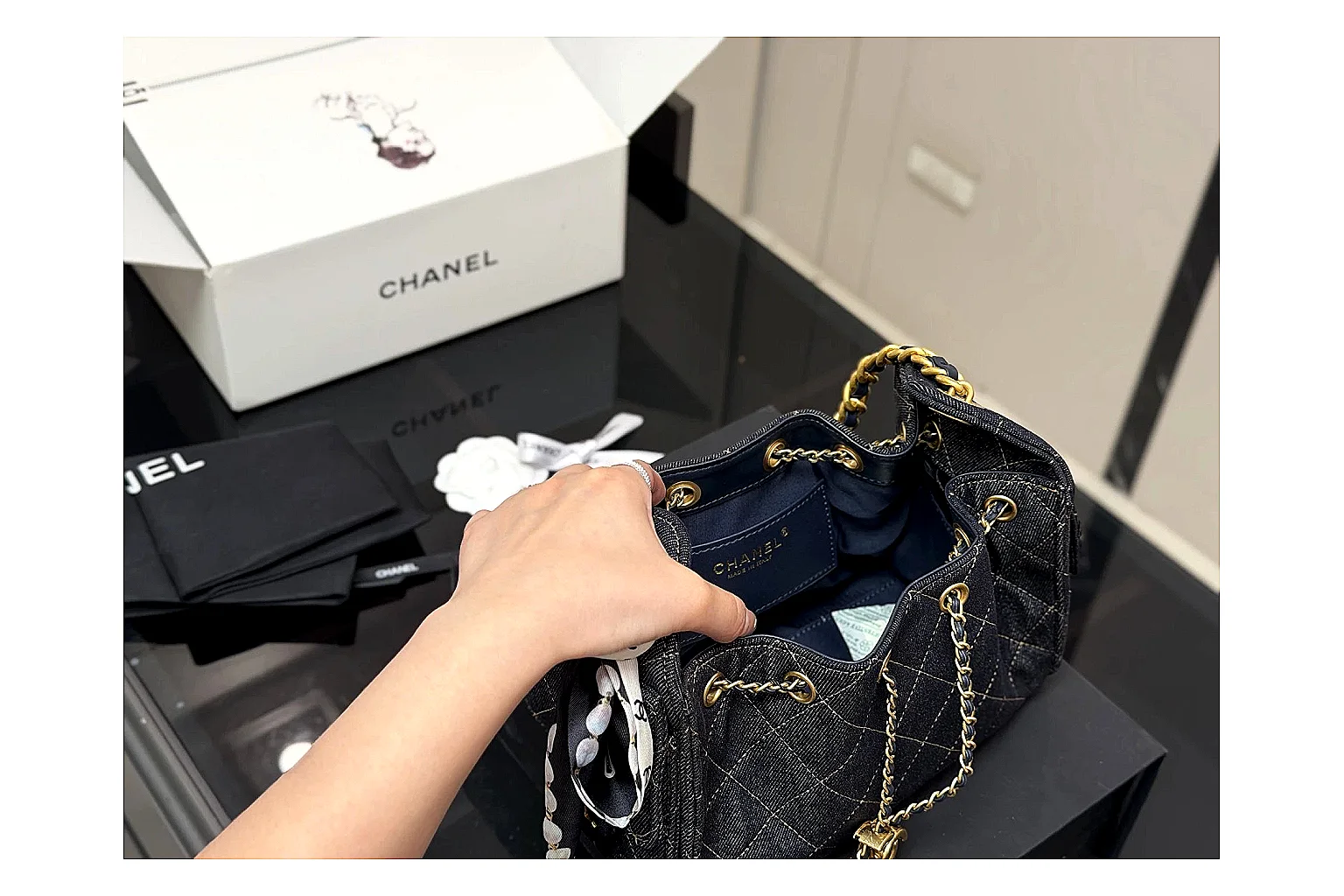 Chanel Quilted Chain Bag Black Blue QC reference photo showing black blue quilted leather body, chain shoulder strap, flap structure, and polished luxury-bag hardware thumbnail 3