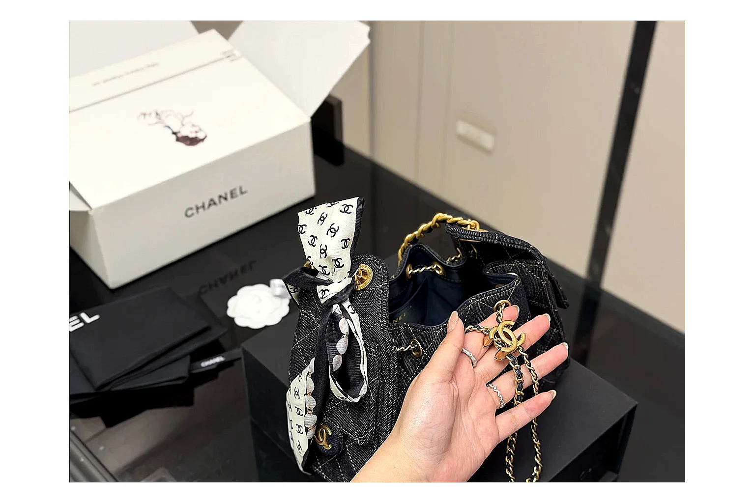 Chanel Quilted Chain Bag Black Blue QC reference photo showing black blue quilted leather body, chain shoulder strap, flap structure, and polished luxury-bag hardware thumbnail 6