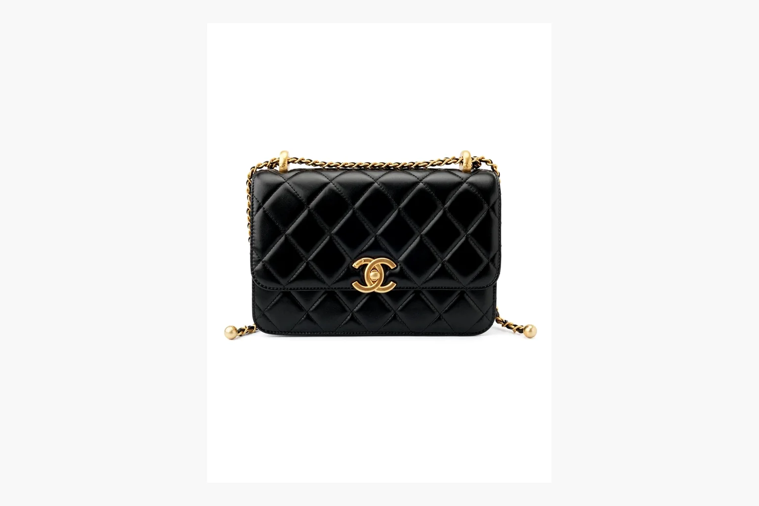 Chanel Black Quilted Chain Flap Bag QC reference photo showing black quilted leather flap body, gold chain strap, CC front logo, rectangular shoulder-bag shape, and polished hardware
