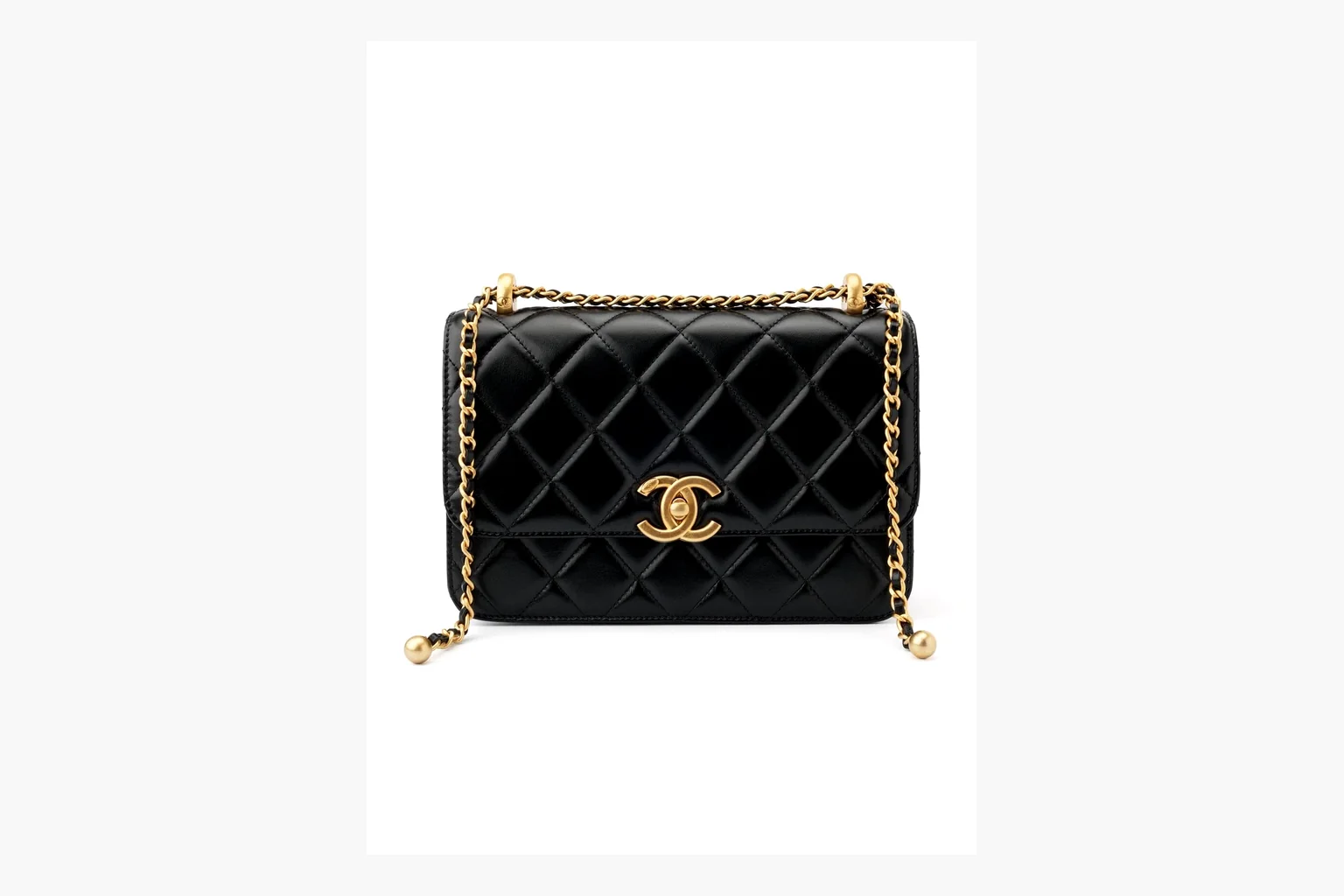 Chanel Black Quilted Chain Flap Bag QC reference photo showing black quilted leather flap body, gold chain strap, CC front logo, rectangular shoulder-bag shape, and polished hardware thumbnail 3