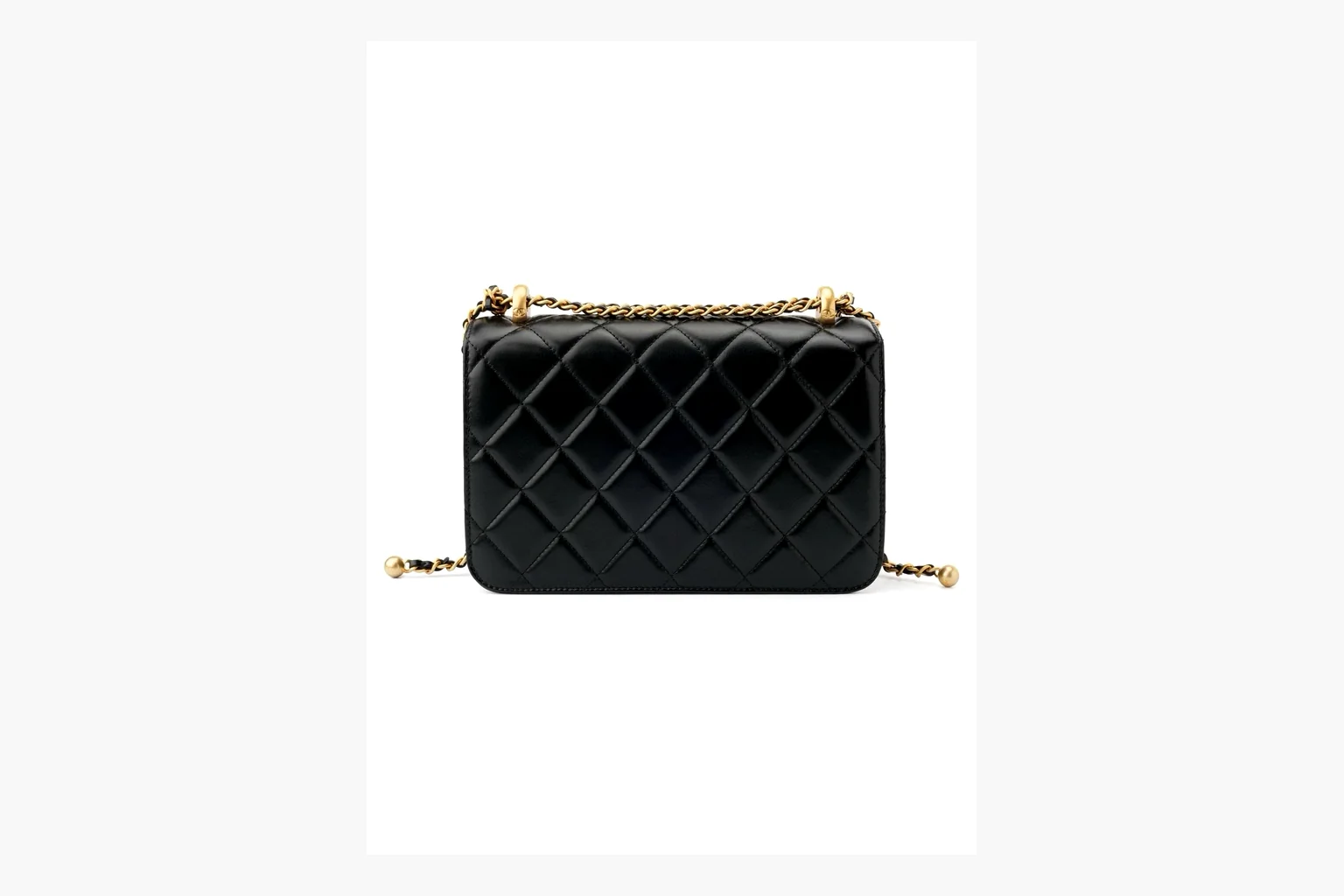 Chanel Black Quilted Chain Flap Bag QC reference photo showing black quilted leather flap body, gold chain strap, CC front logo, rectangular shoulder-bag shape, and polished hardware thumbnail 4