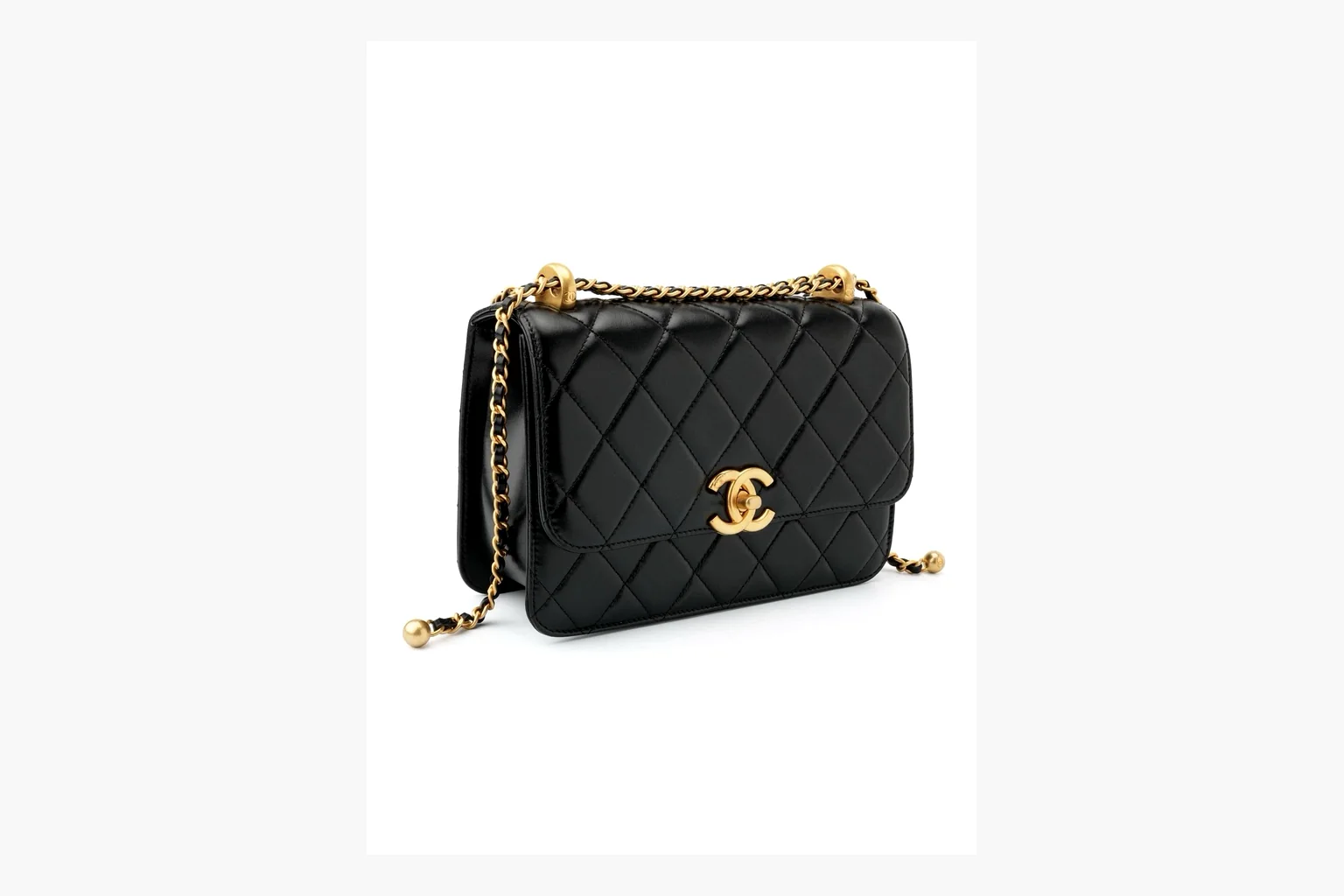 Chanel Black Quilted Chain Flap Bag QC reference photo showing black quilted leather flap body, gold chain strap, CC front logo, rectangular shoulder-bag shape, and polished hardware thumbnail 5