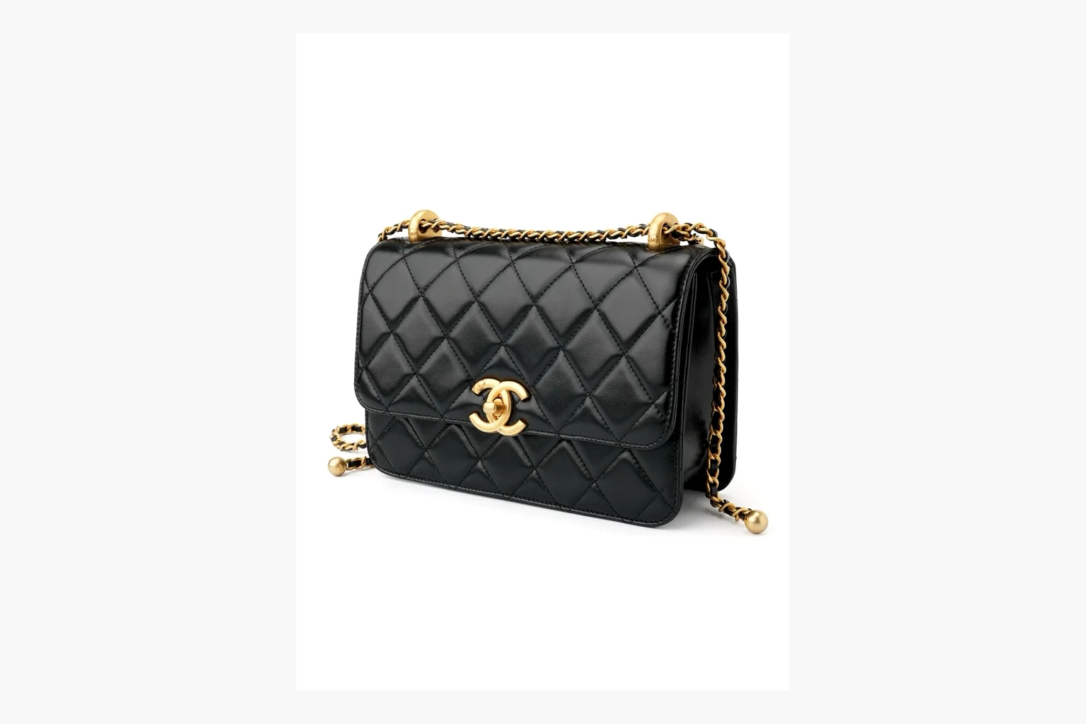 Chanel Black Quilted Chain Flap Bag QC reference photo showing black quilted leather flap body, gold chain strap, CC front logo, rectangular shoulder-bag shape, and polished hardware thumbnail 6