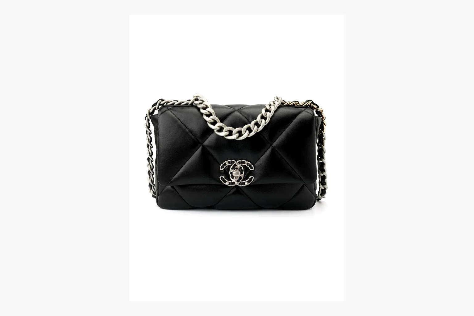Chanel Quilted Chain Flap Bag Black QC reference photo showing black quilted leather flap body, gold chain strap, CC turnlock, and classic shoulder-bag structure