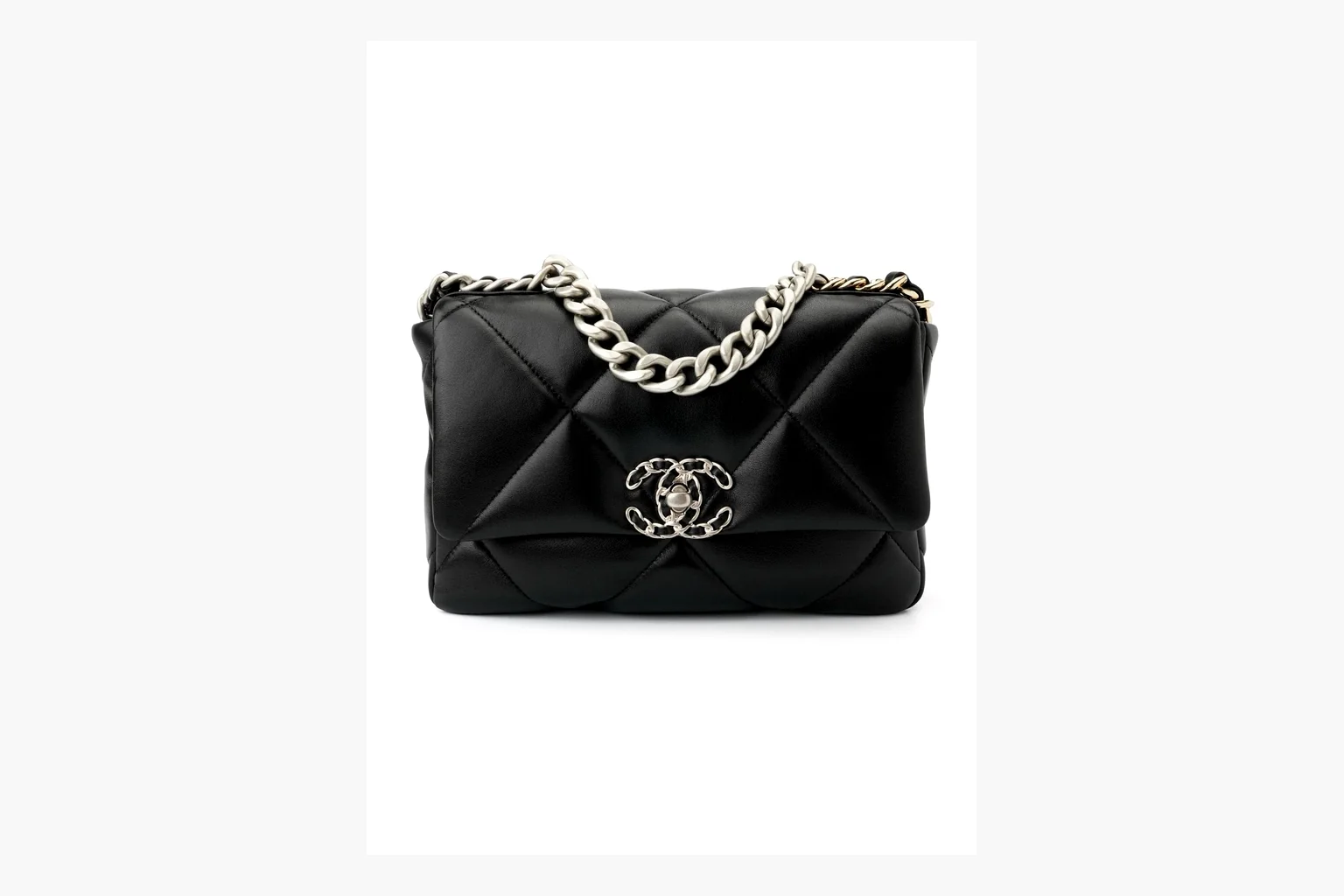 Chanel Quilted Chain Flap Bag Black QC reference photo showing black quilted leather flap body, gold chain strap, CC turnlock, and classic shoulder-bag structure