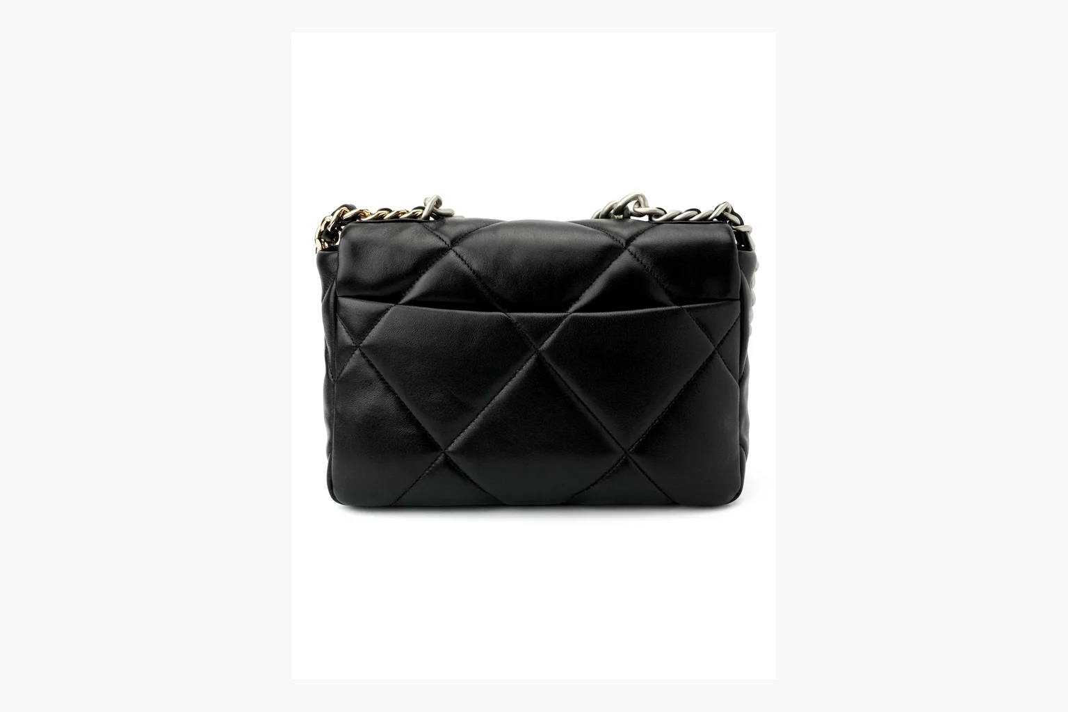 Chanel Quilted Chain Flap Bag Black QC reference photo showing black quilted leather flap body, gold chain strap, CC turnlock, and classic shoulder-bag structure thumbnail 4