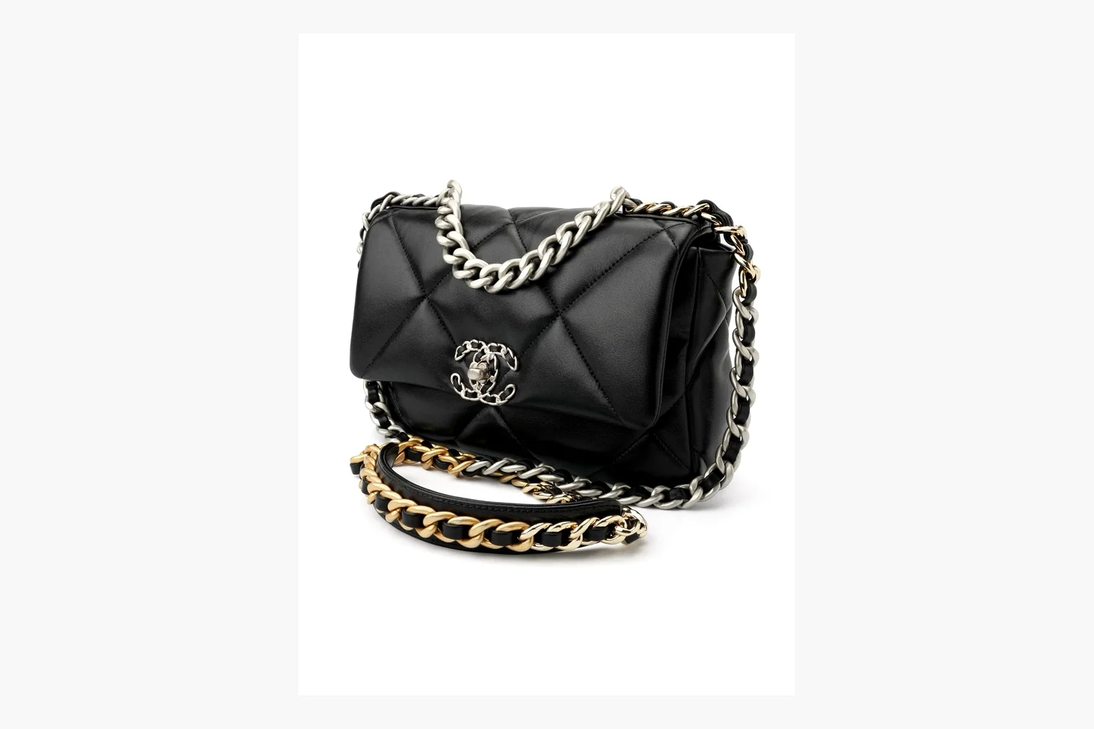 Chanel Quilted Chain Flap Bag Black QC reference photo showing black quilted leather flap body, gold chain strap, CC turnlock, and classic shoulder-bag structure thumbnail 5