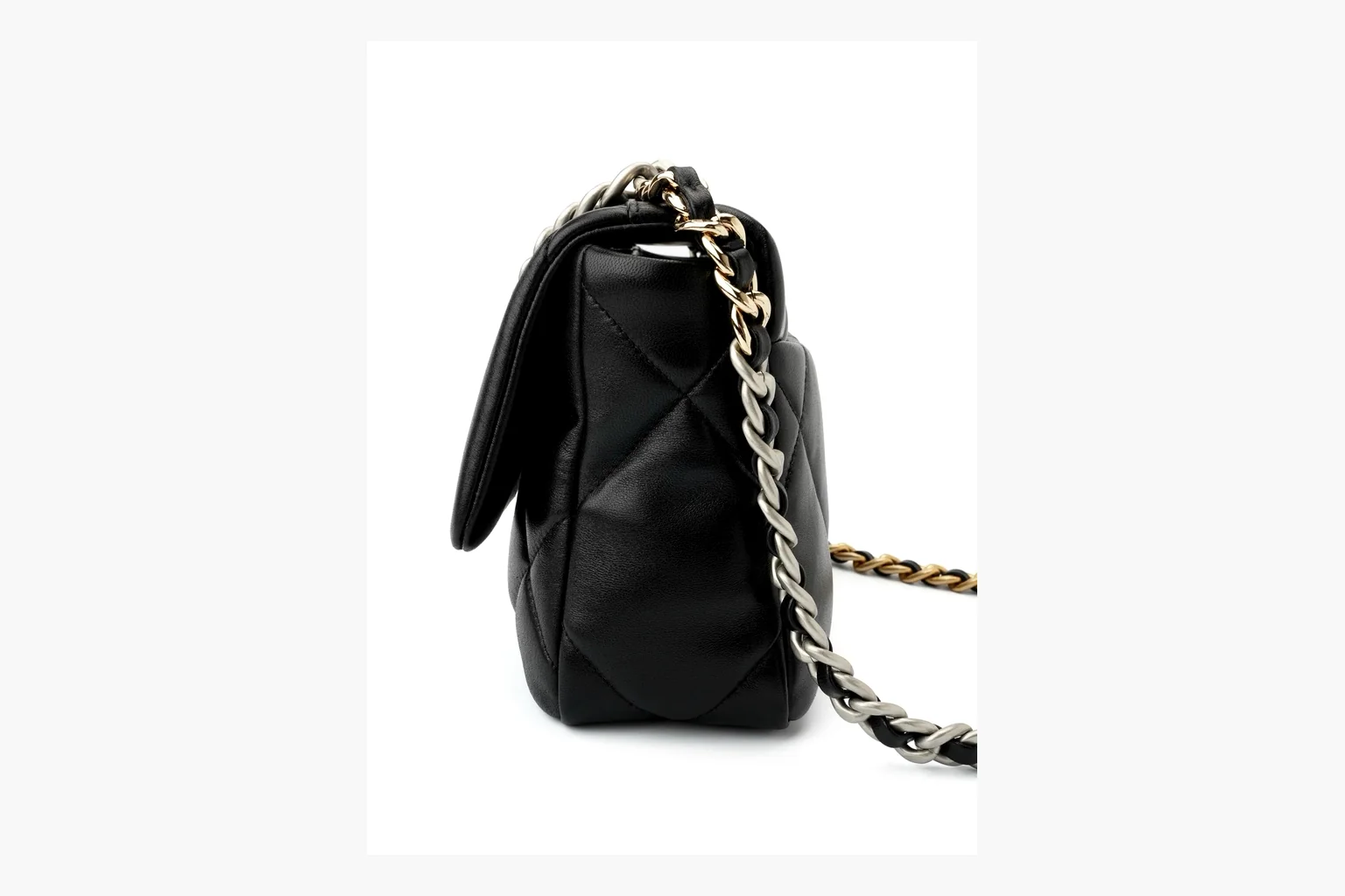 Chanel Quilted Chain Flap Bag Black QC reference photo showing black quilted leather flap body, gold chain strap, CC turnlock, and classic shoulder-bag structure thumbnail 6