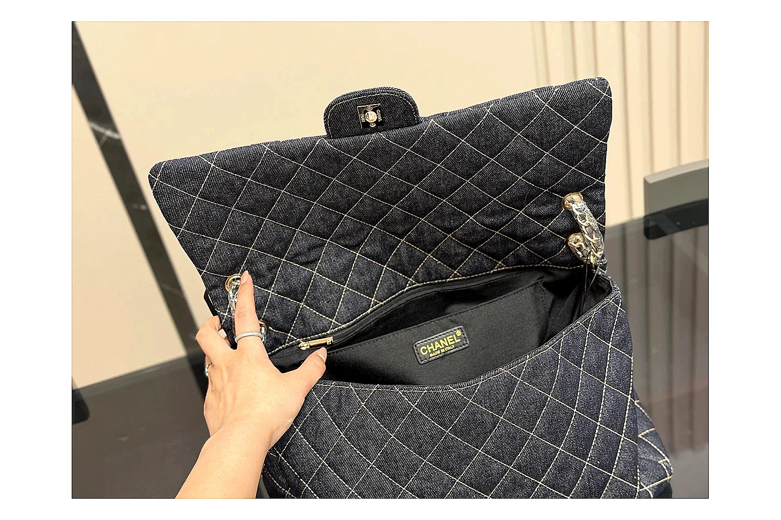 Chanel Quilted Flap Bag Black Denim QC reference photo showing black denim-look quilted flap body, shoulder-bag shape, chain strap, and polished hardware thumbnail 3