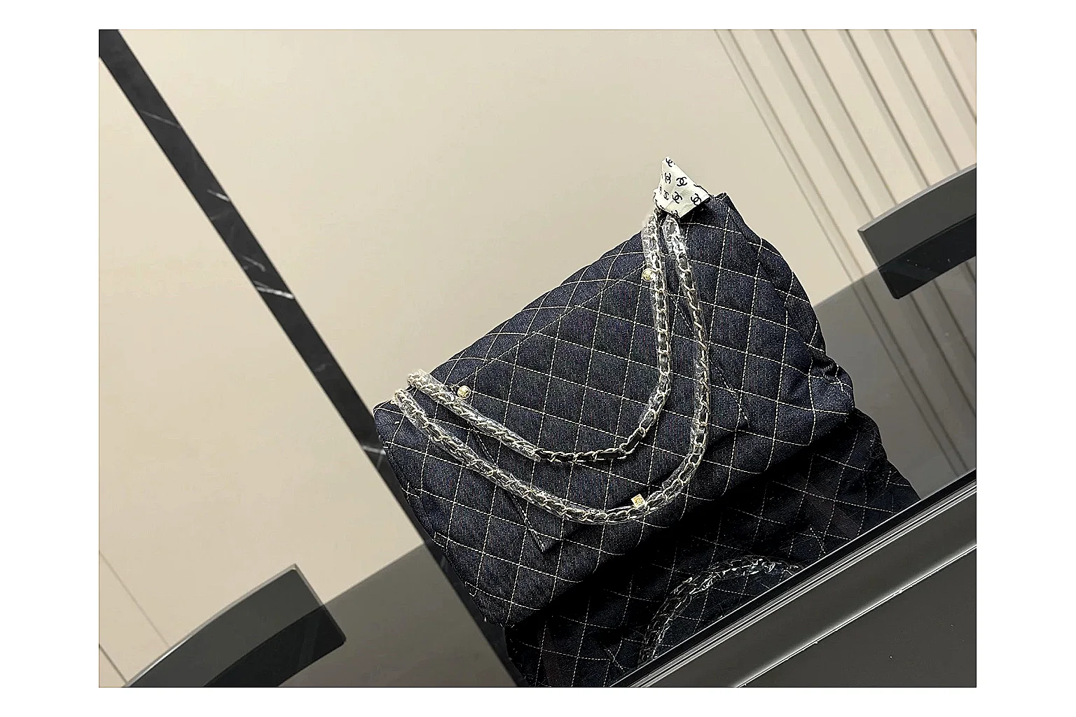 Chanel Quilted Flap Bag Black Denim QC reference photo showing black denim-look quilted flap body, shoulder-bag shape, chain strap, and polished hardware thumbnail 4