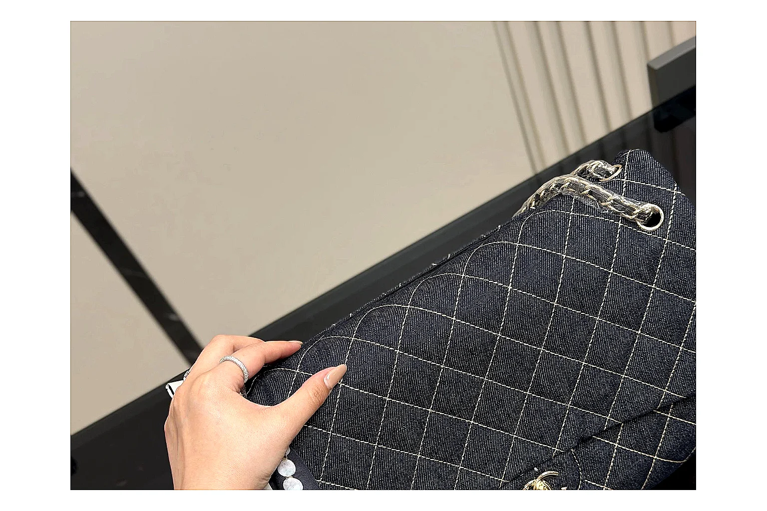 Chanel Quilted Flap Bag Black Denim QC reference photo showing black denim-look quilted flap body, shoulder-bag shape, chain strap, and polished hardware thumbnail 6