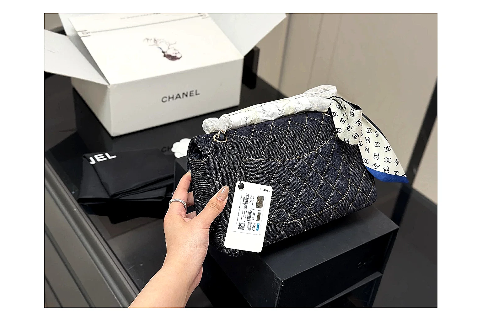 Chanel Quilted Flap Bag Black Navy QC reference photo showing black navy quilted leather body, flap structure, chain strap, and polished luxury hardware