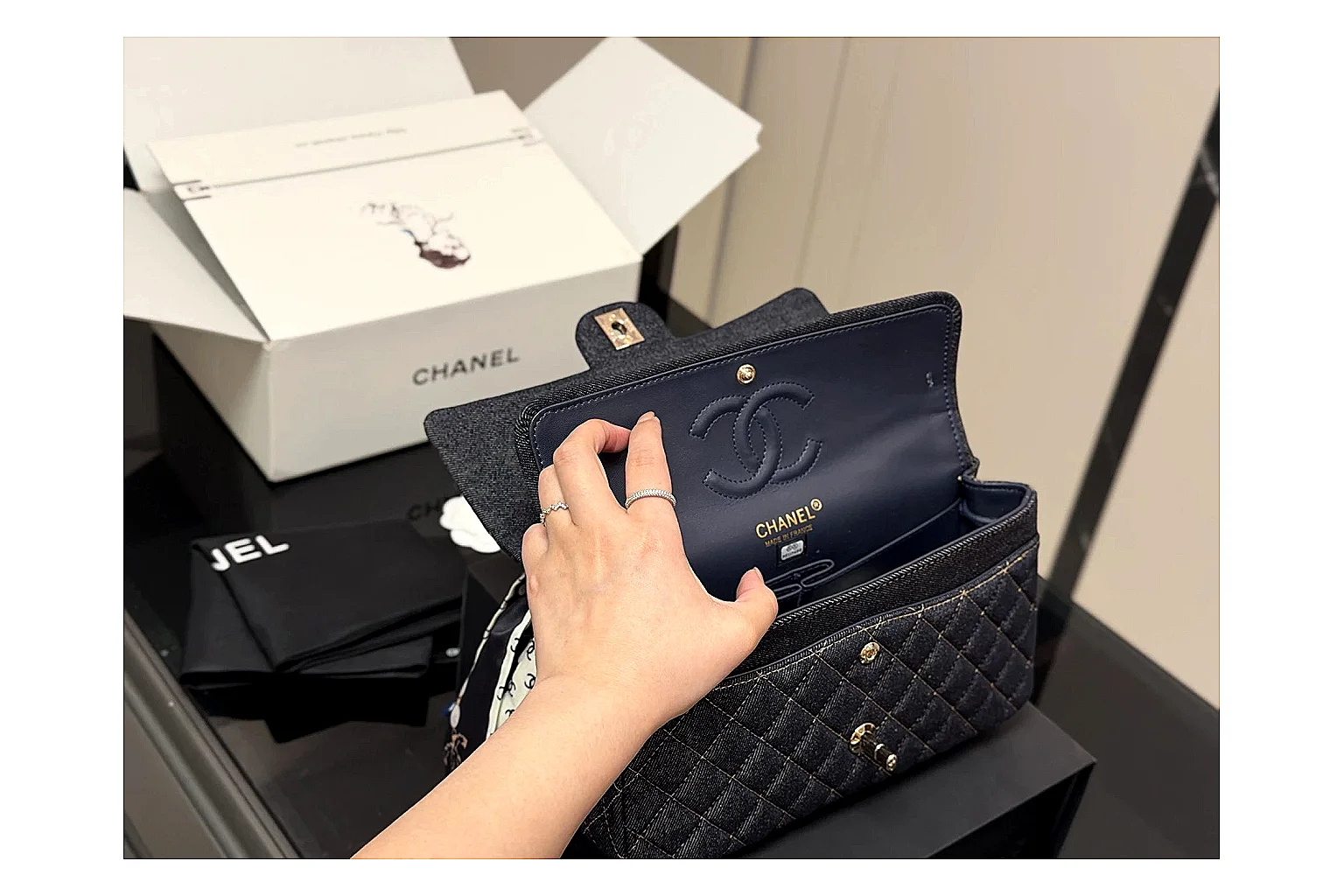Chanel Quilted Flap Bag Black Navy QC reference photo showing black navy quilted leather body, flap structure, chain strap, and polished luxury hardware thumbnail 3
