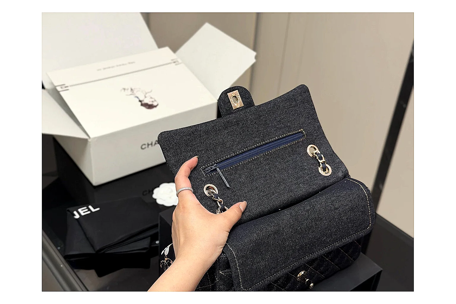 Chanel Quilted Flap Bag Black Navy QC reference photo showing black navy quilted leather body, flap structure, chain strap, and polished luxury hardware thumbnail 6