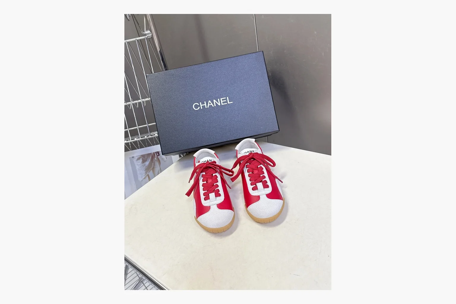 Chanel Red White Platform Sneaker QC reference photo showing red and white low-top upper, platform sole, leather-suede panel mix, box views, and rounded casual sneaker shape